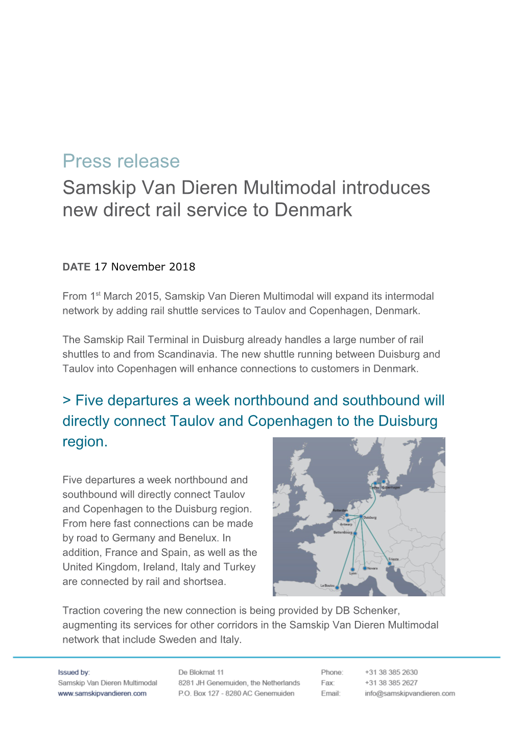 Samskip Van Dieren Multimodal Introduces New Direct Rail Service to Denmark