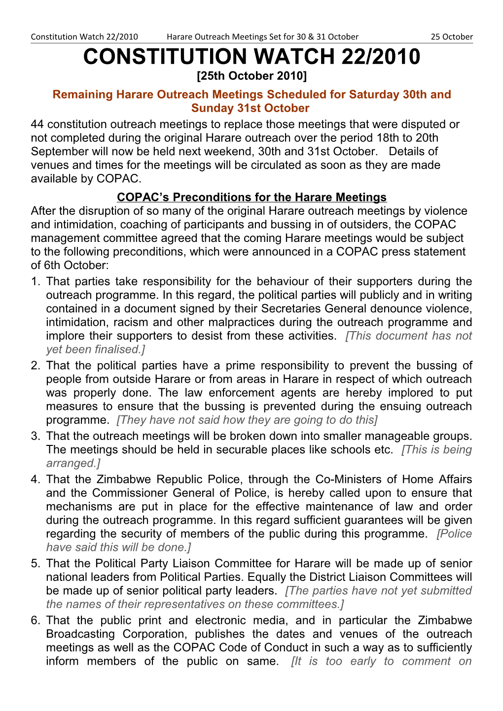 Constitution Watch 22/2010 Harare Outreach Meetings Set for 30 & 31 October 25 October