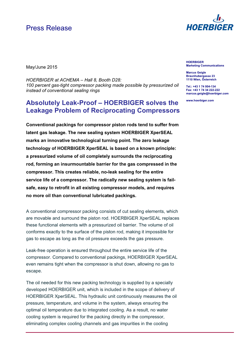 Absolutely Leak-Proof HOERBIGER Solves the Leakage Problem of Reciprocating Compressors