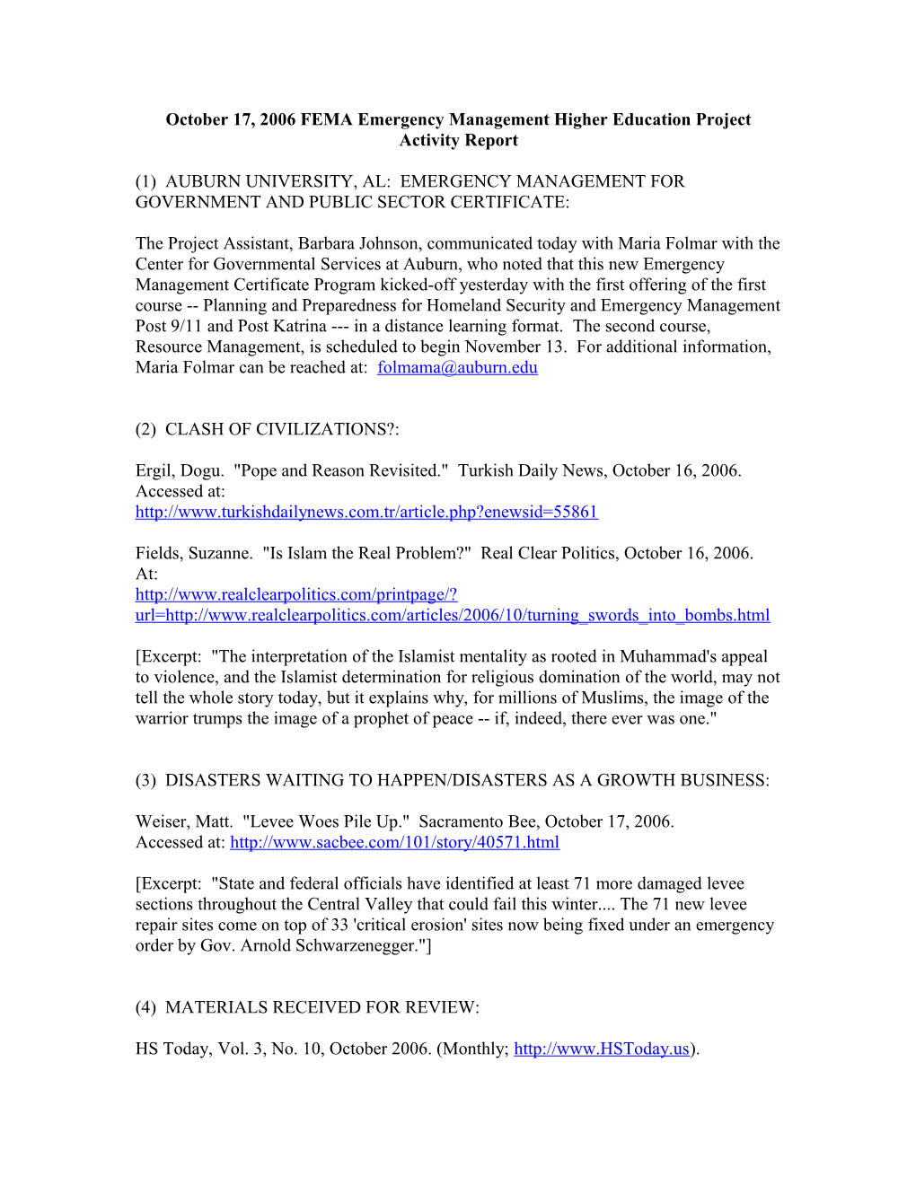 October 17, 2006 FEMA Emergency Management Higher Education Project Activity Report