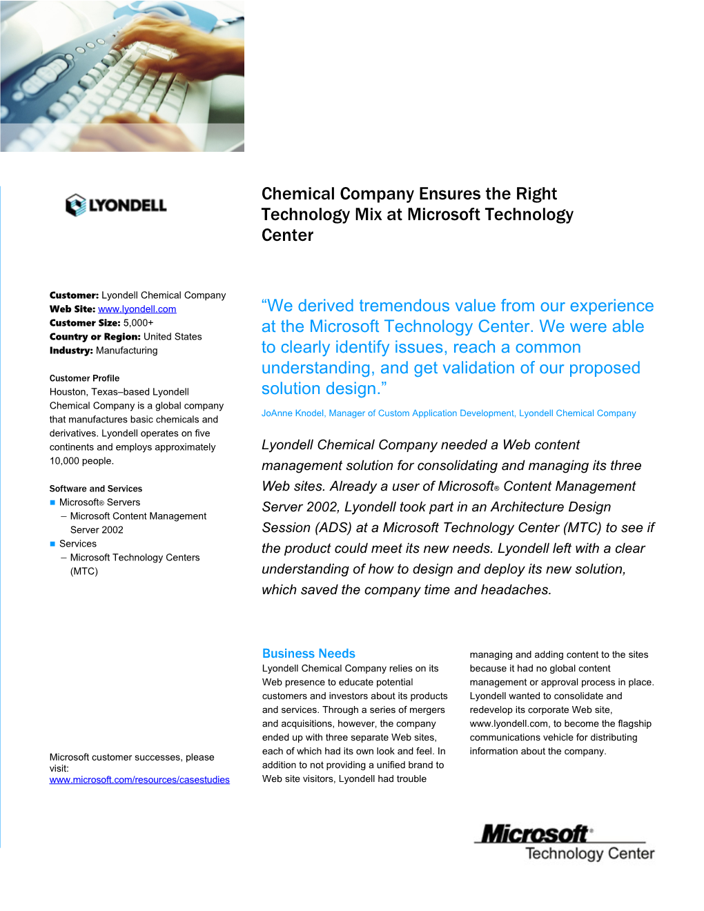 Chemical Company Ensures the Right Technology Mix at Microsoft Technology Center