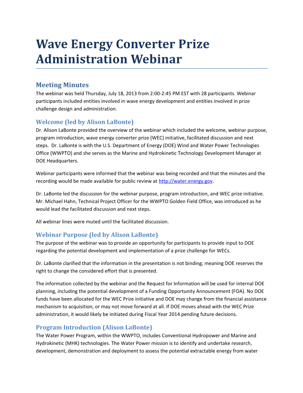 Wave Energy Converter Prize Administration Webinar Minutes