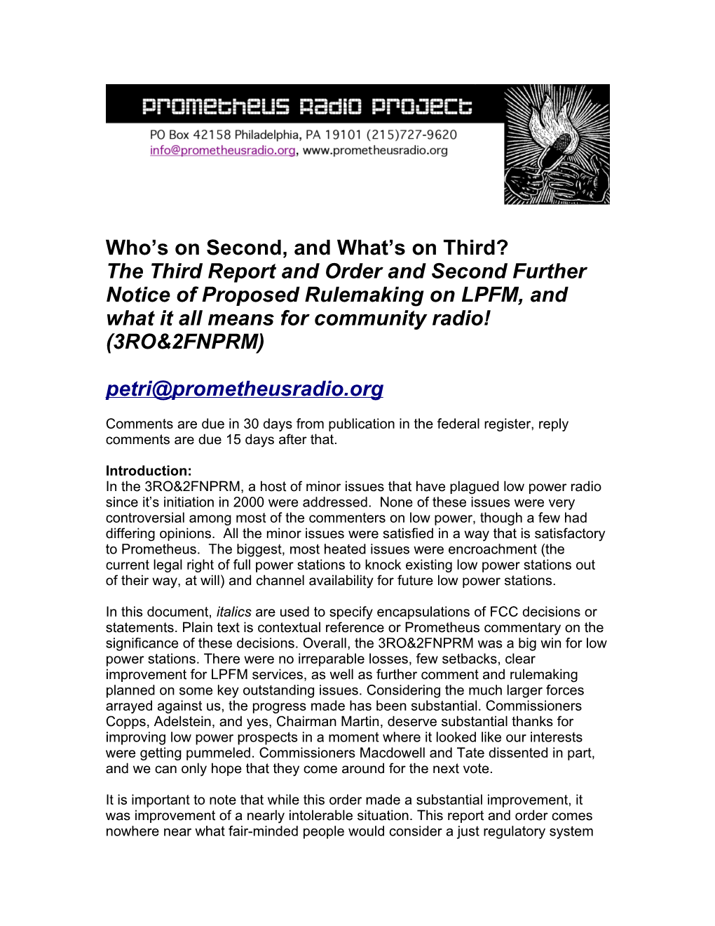Who S on Second, and What S on Third? LPFM Rulemaking Analysis, December 13, 2007