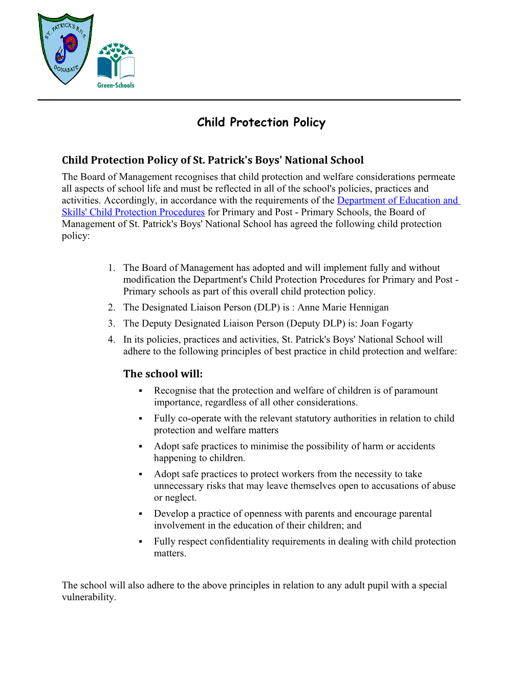 Child Protection Policy of St. Patrick's Boys' National School