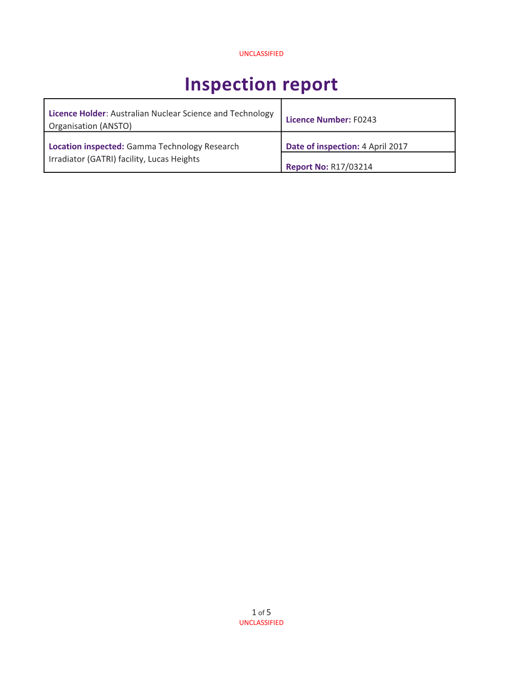 Inspection Report: Gamma Technology Research Irradiator (GATRI) Facility, Lucas Heights