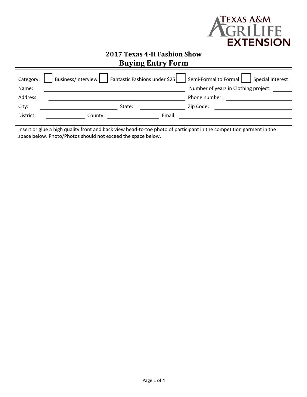2017 Texas 4-H Fashion Show Buying Entry Form