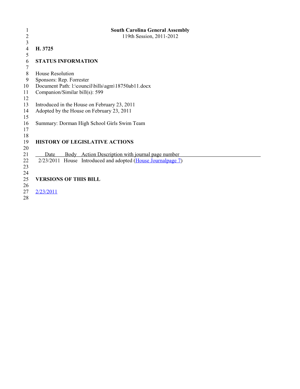 2011-2012 Bill 3725: Dorman High School Girls Swim Team - South Carolina Legislature Online