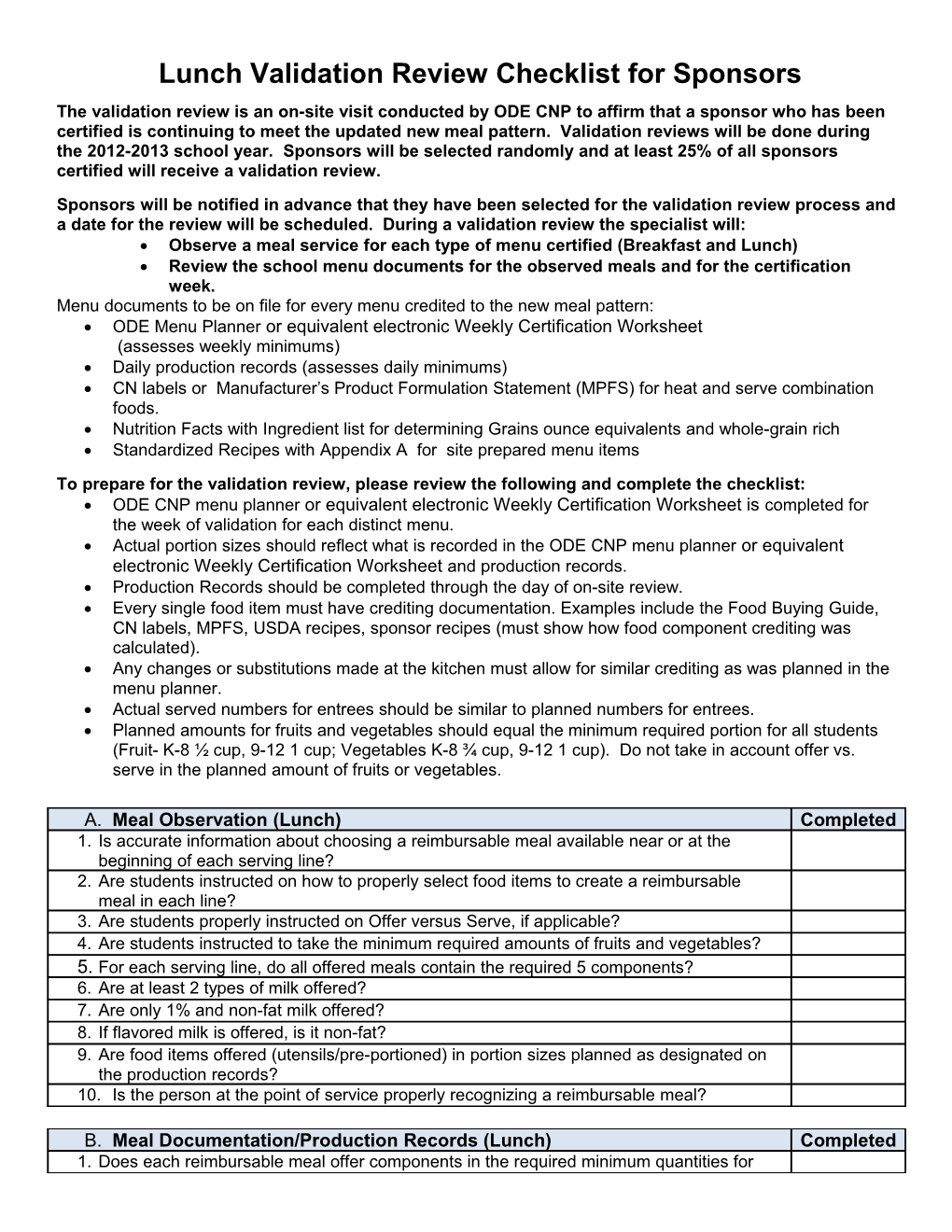 Lunch Validation Review Checklist for Sponsors