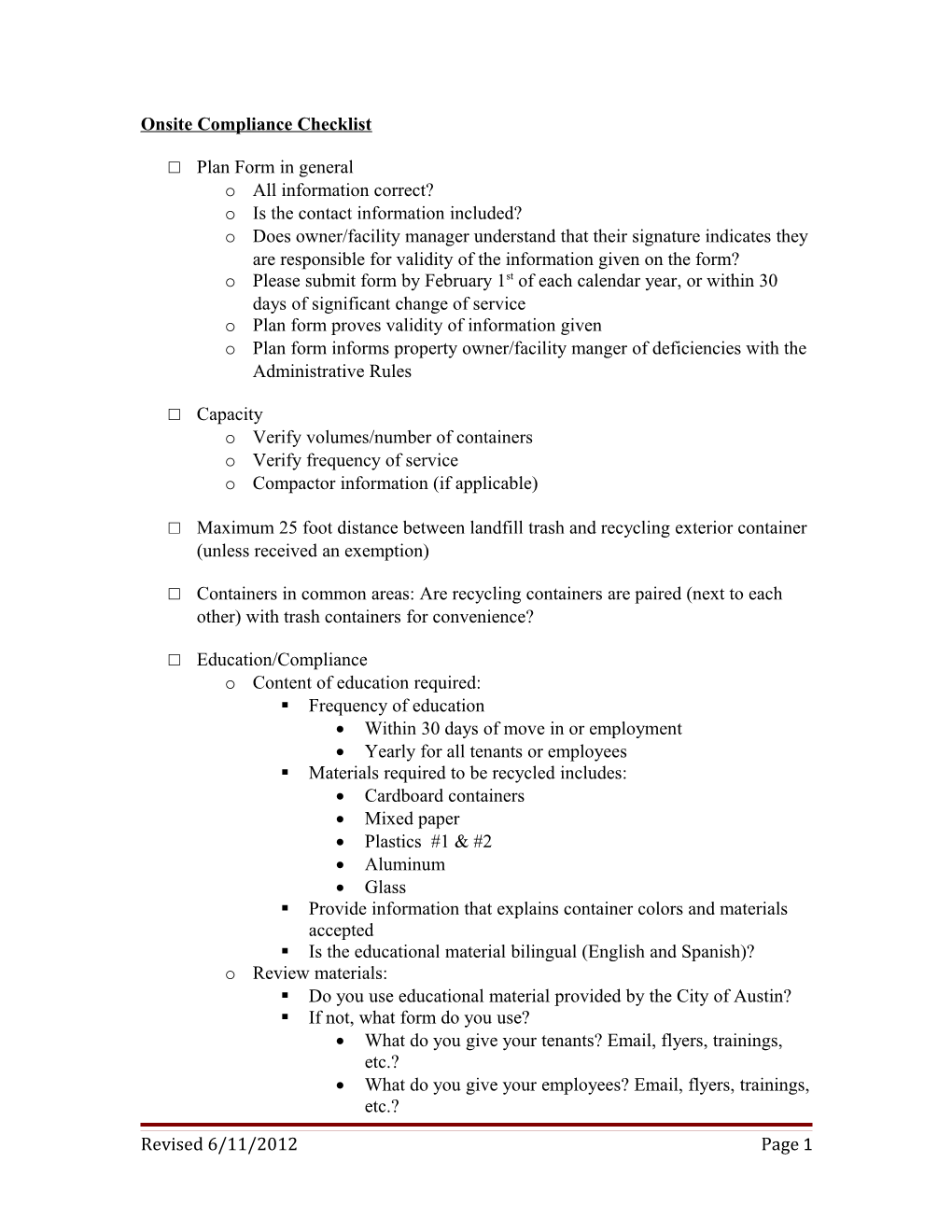 Onsite Compliance Checklist