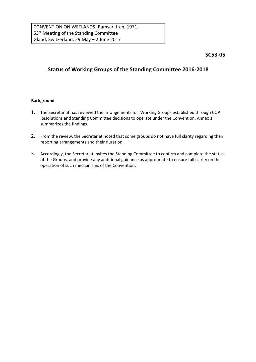 Status of Working Groups of the Standing Committee 2016-2018