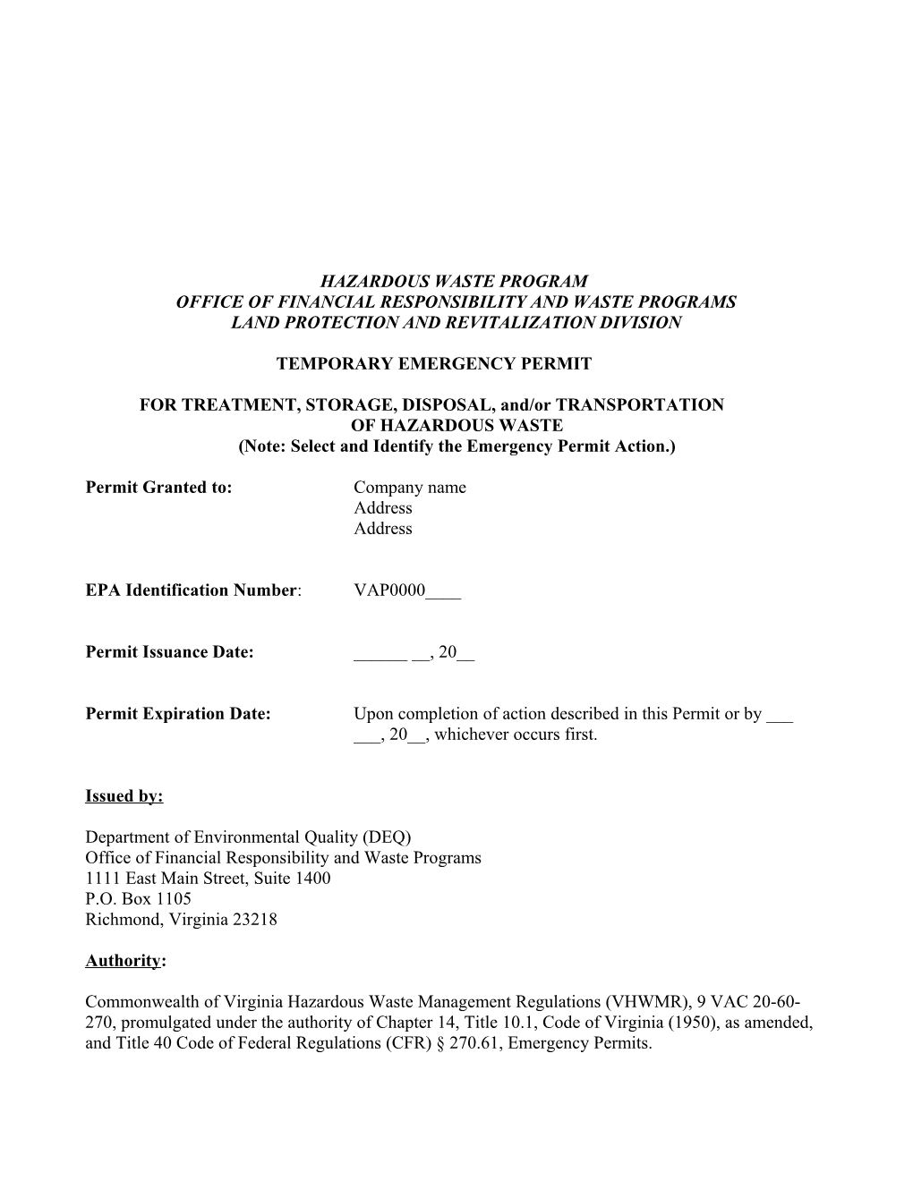 Emergency Permit Application Boilerplate