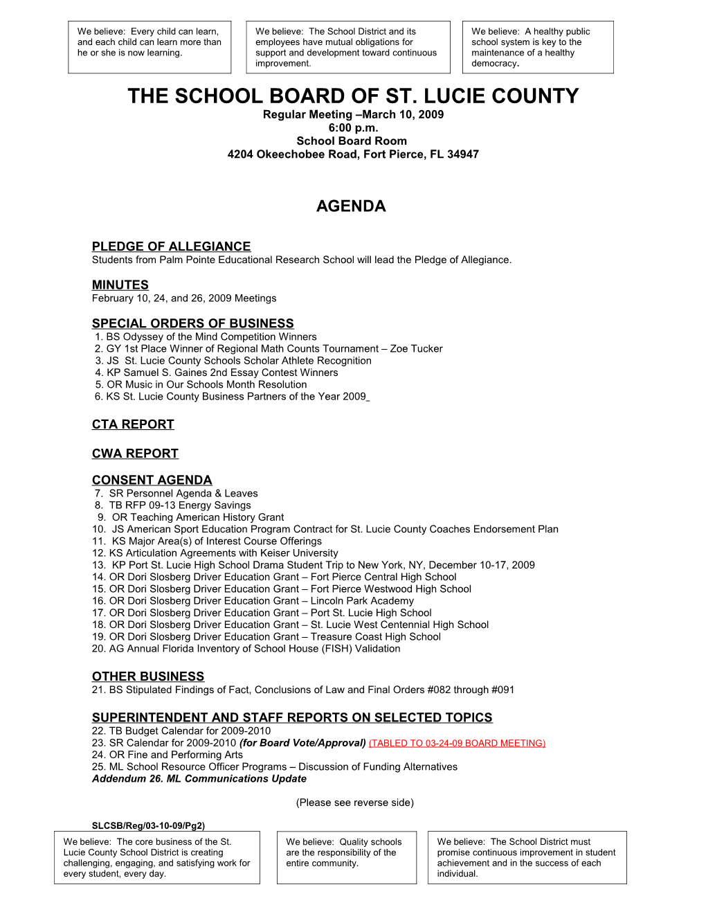 03-10-09 SLCSB Regular Meeting Agenda