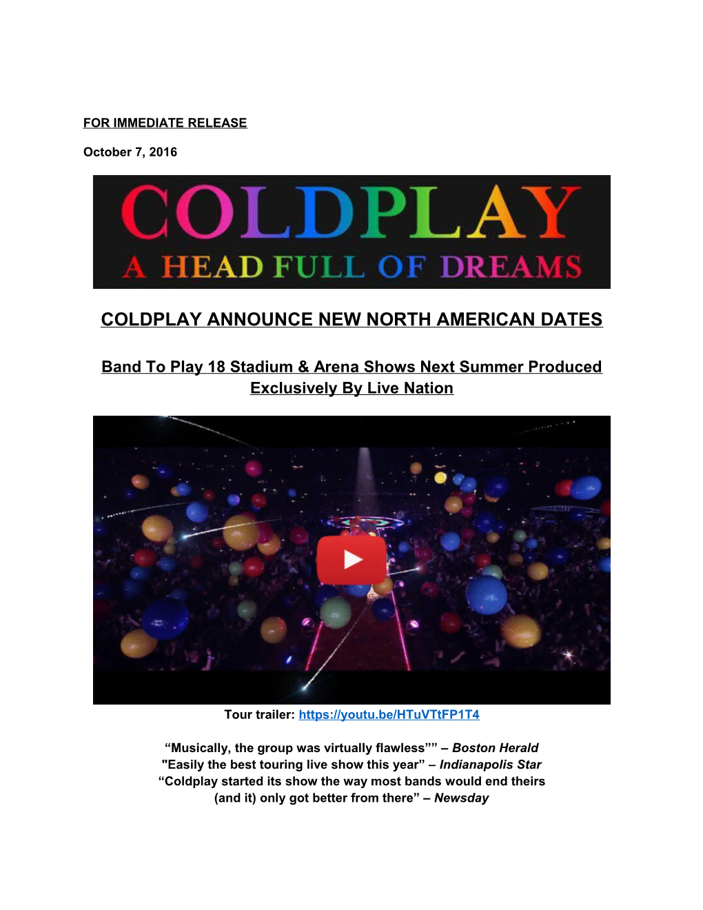 Coldplay Announce New North American Dates