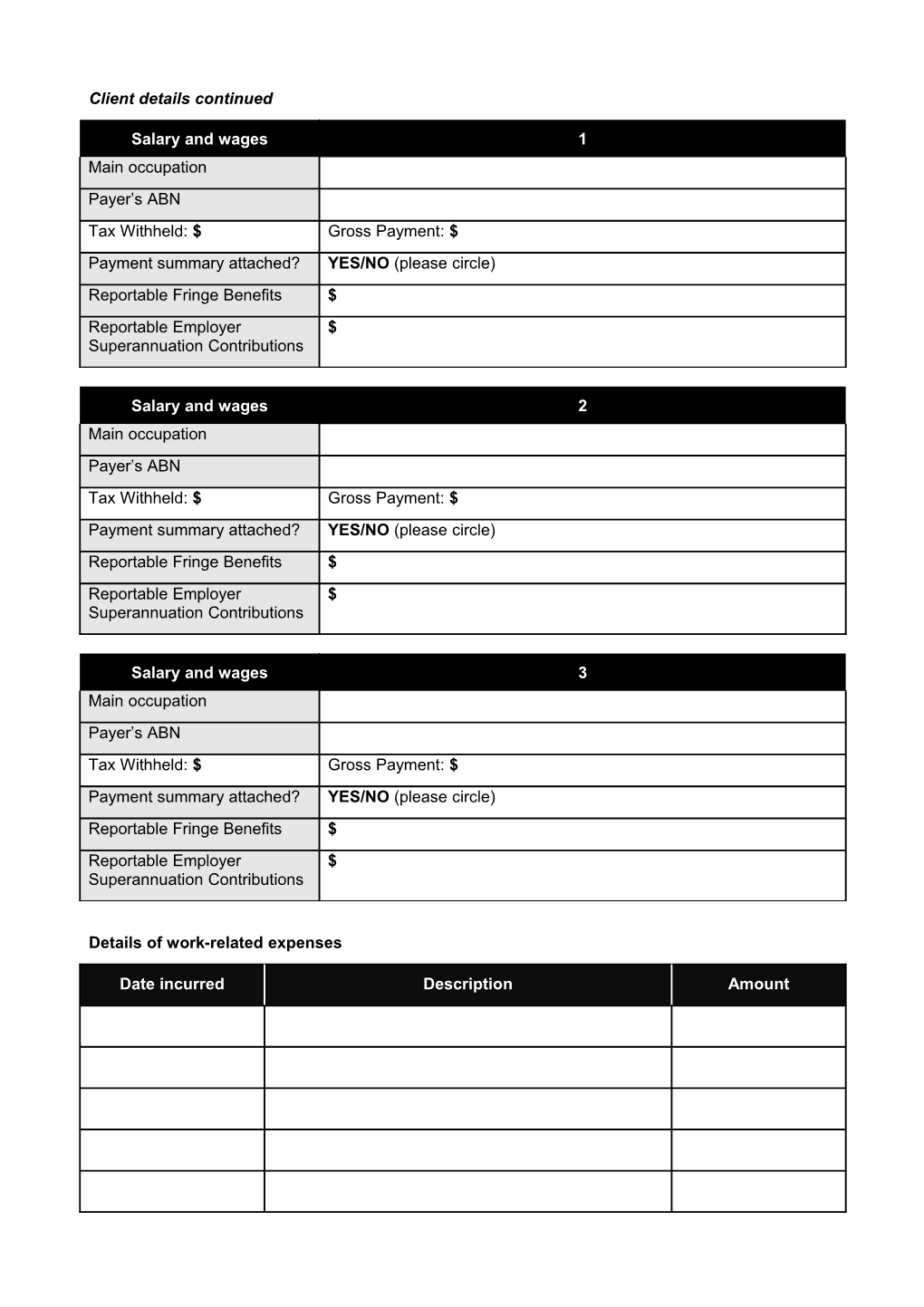 Client Details Form Individual Income Tax Return
