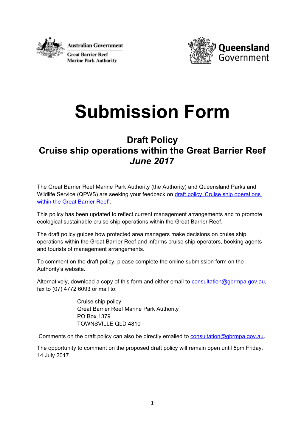 Cruise Ship Policy Submission Form