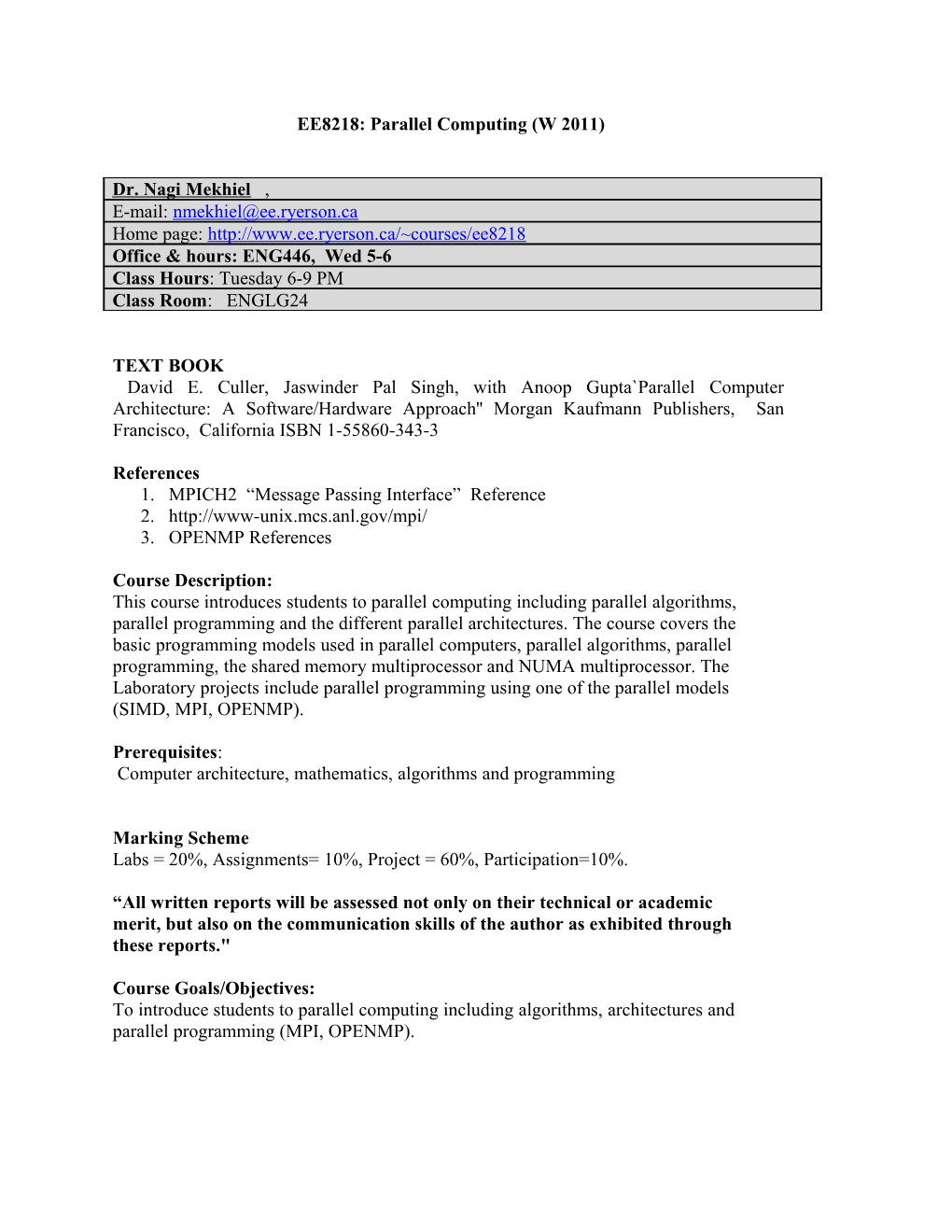 EE8218: Parallel Computing (W 2011)