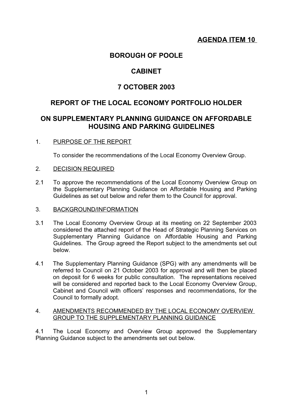 Supplementary Planning Guidance on Affordable Housing and Parking Guidelines