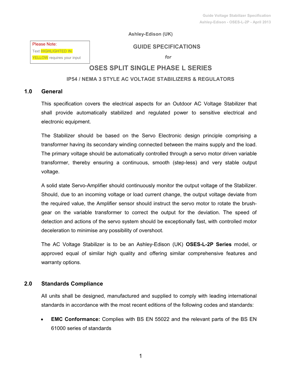 Guide Specification for Ashley-Edison OSES Split Single Phase AC Voltage Stabilisers