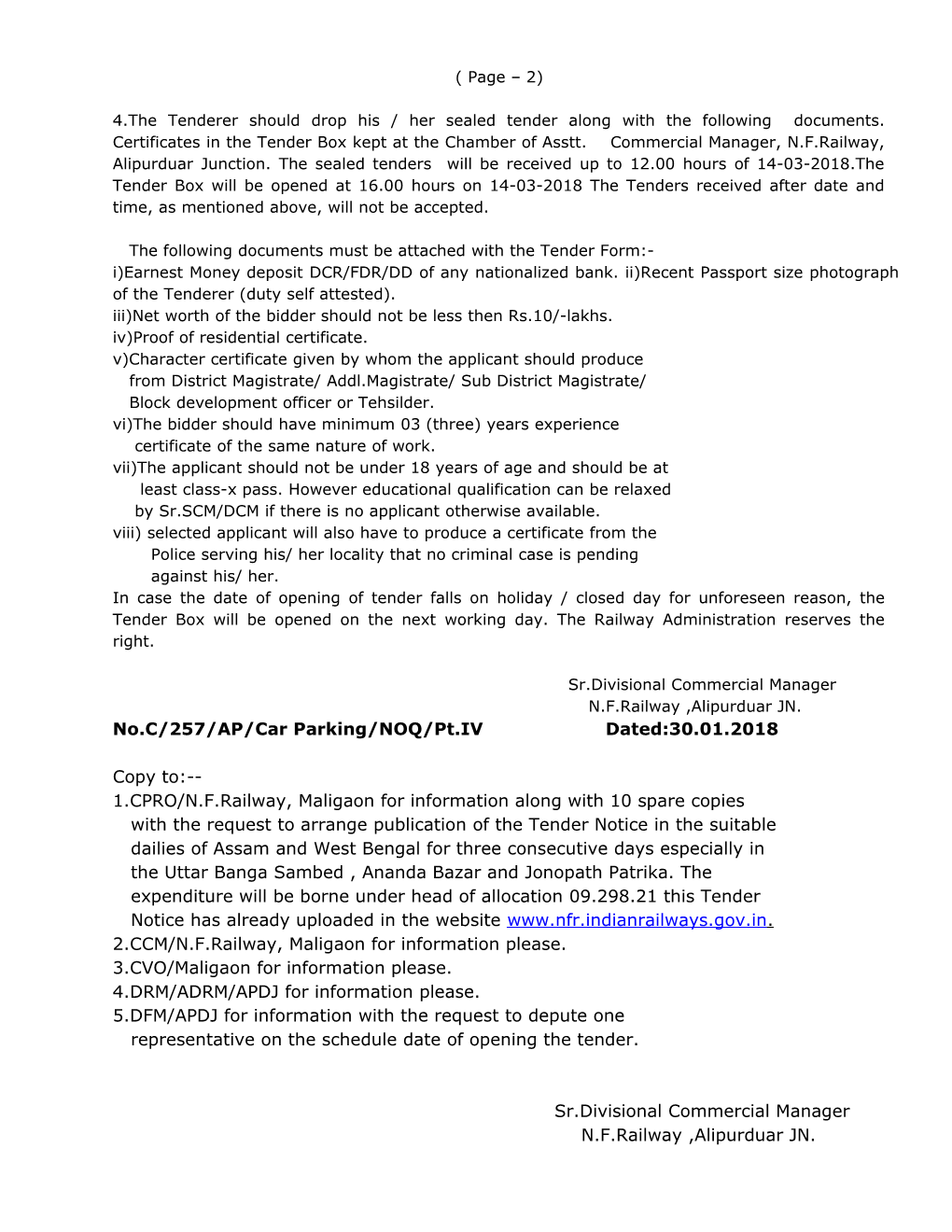 No. C/257/AP/Car Parking/NOQ/Pt.IV Dated:30/01 2018