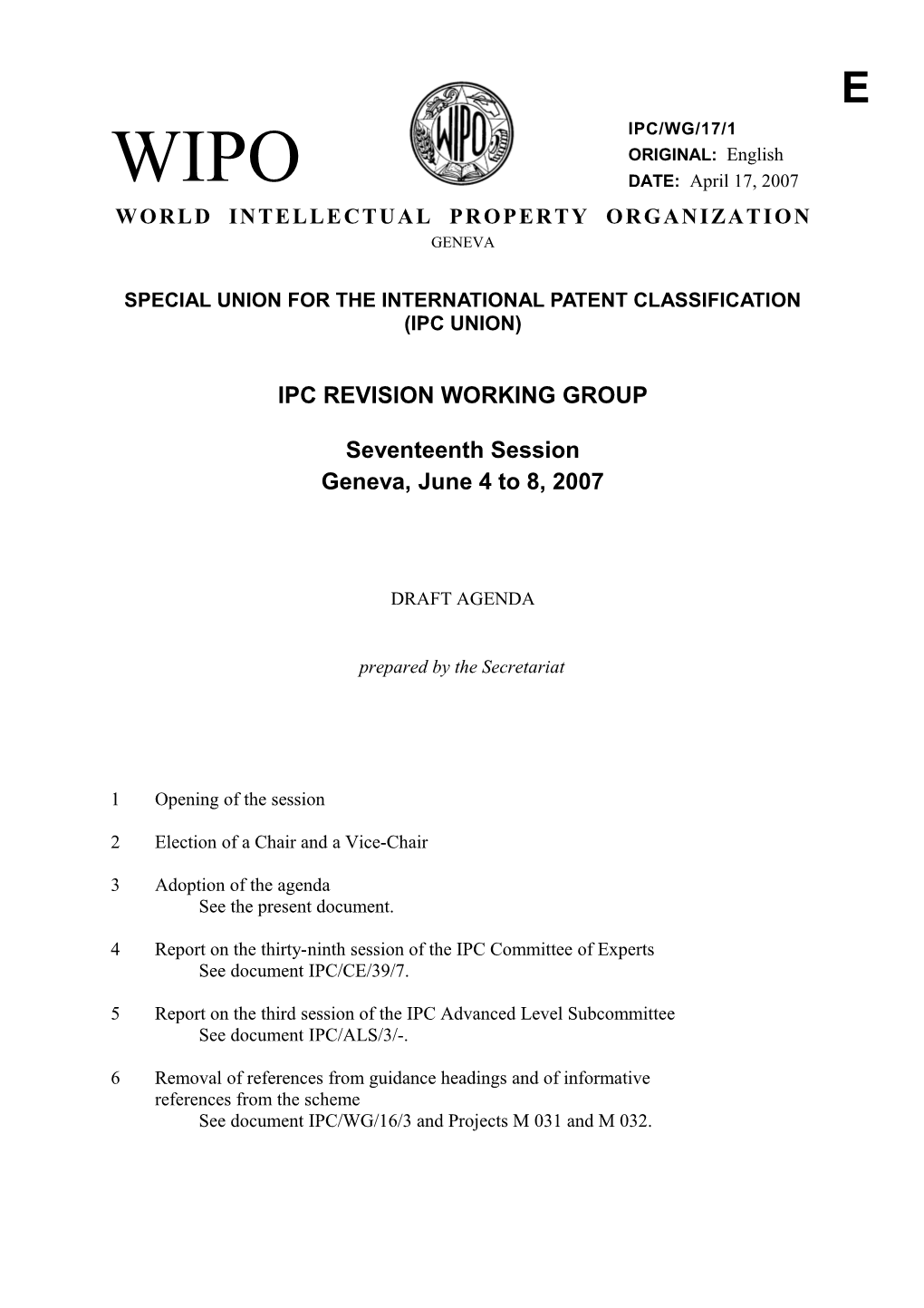 IPC/WG/17/1: Draft Agenda