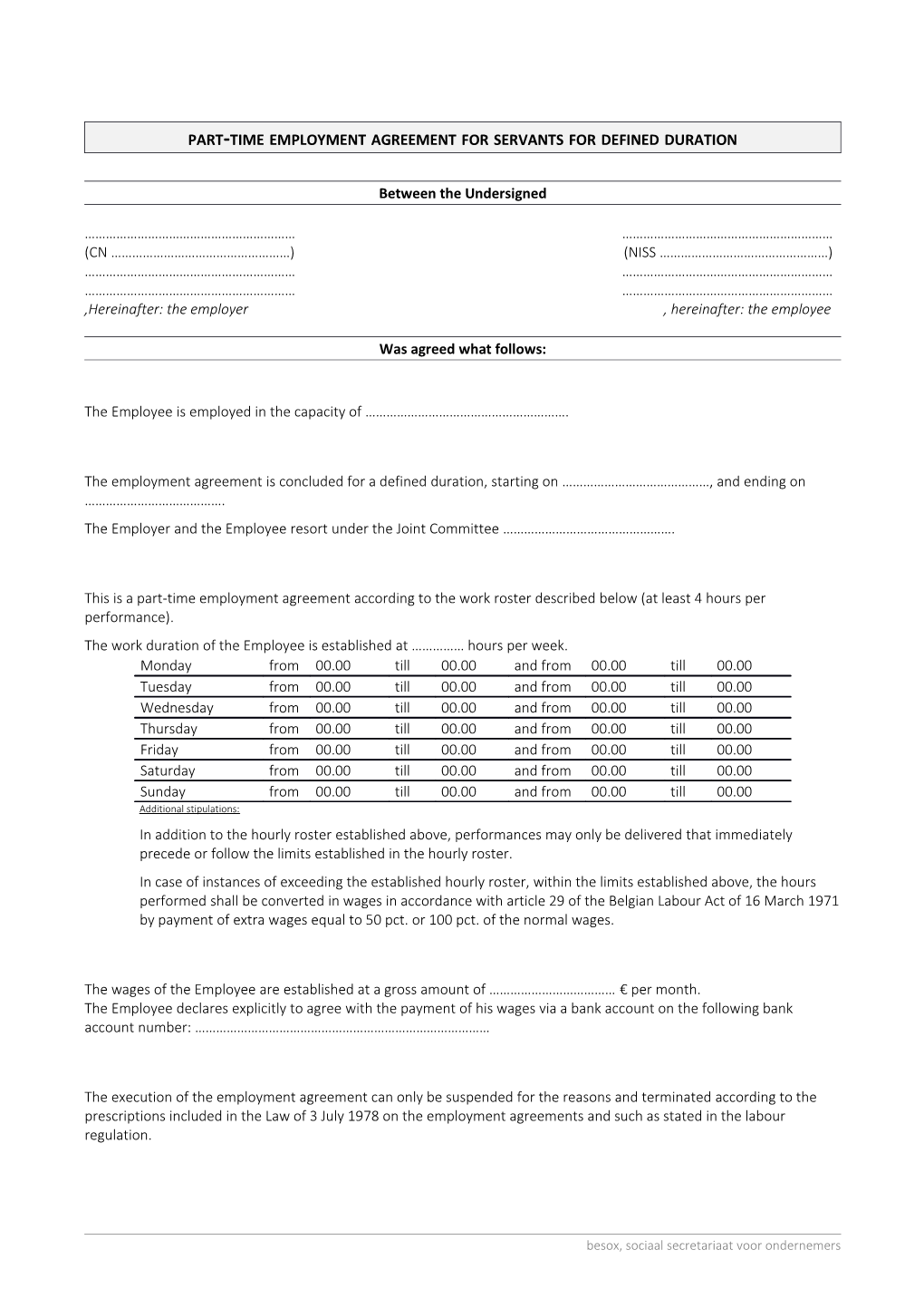 Part-Timeemployment Agreement for Servants for Defined Duration