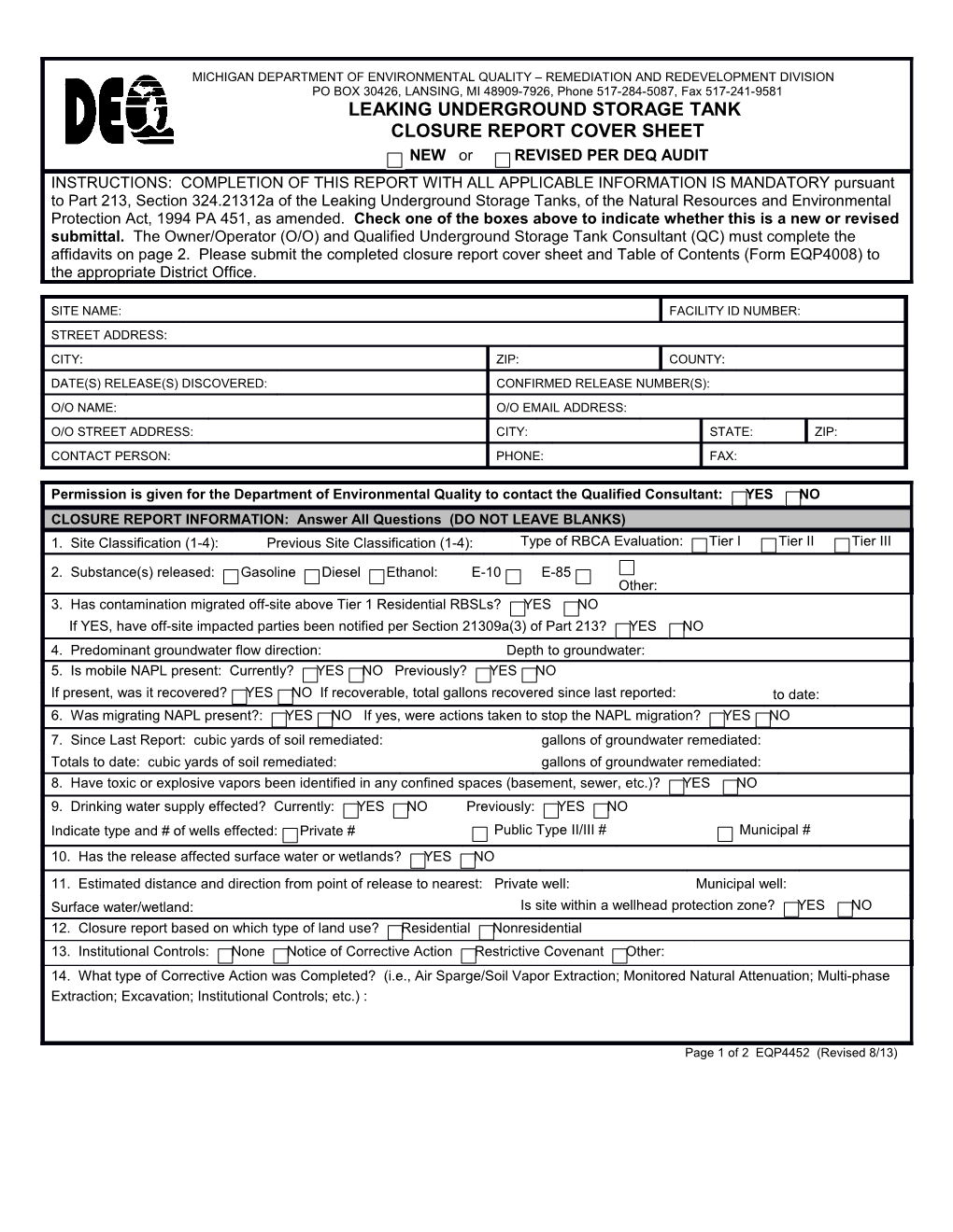 Closure Report Cover Sheet Form EQP4452