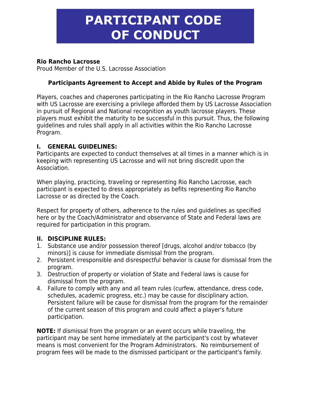 Participants Agreement to Accept and Abide by Rules of the Program