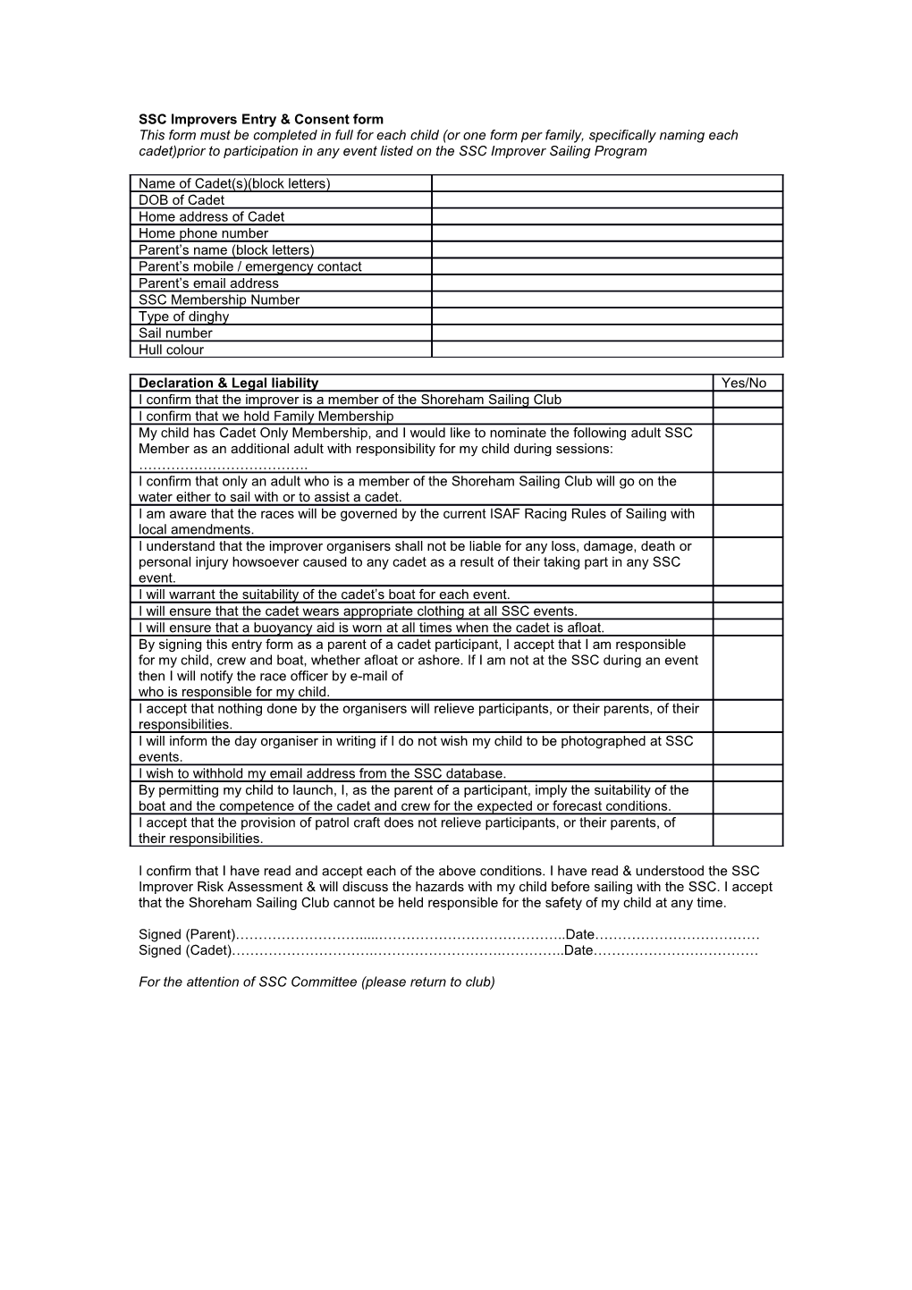 SSC Improvers Entry & Consent Form