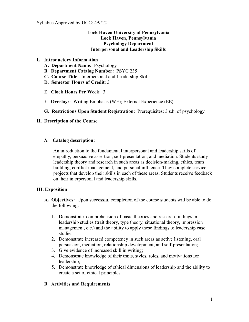 Interpersonal and Leadership Skills Syllabus for Psychology 235, Fall 2003
