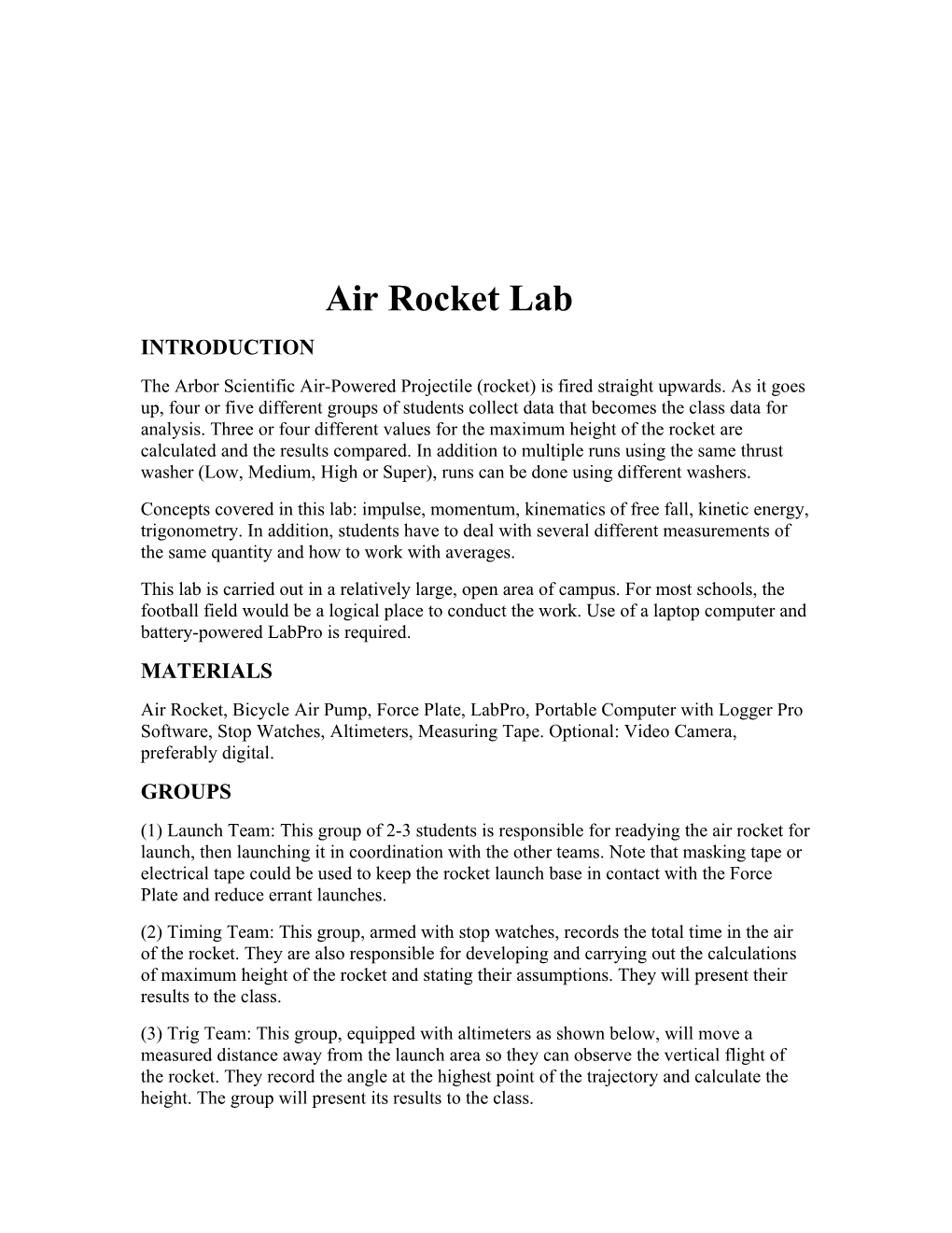 Air Rocket Lab for a Class