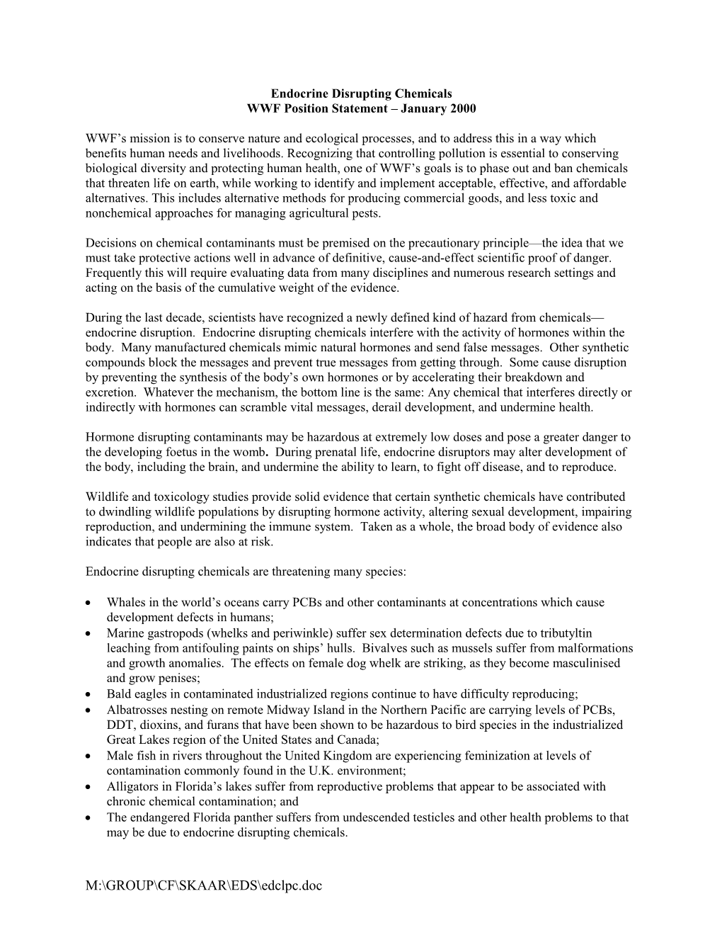 Endocrine Disrupting Chemicals Draft Position Statement November 1999