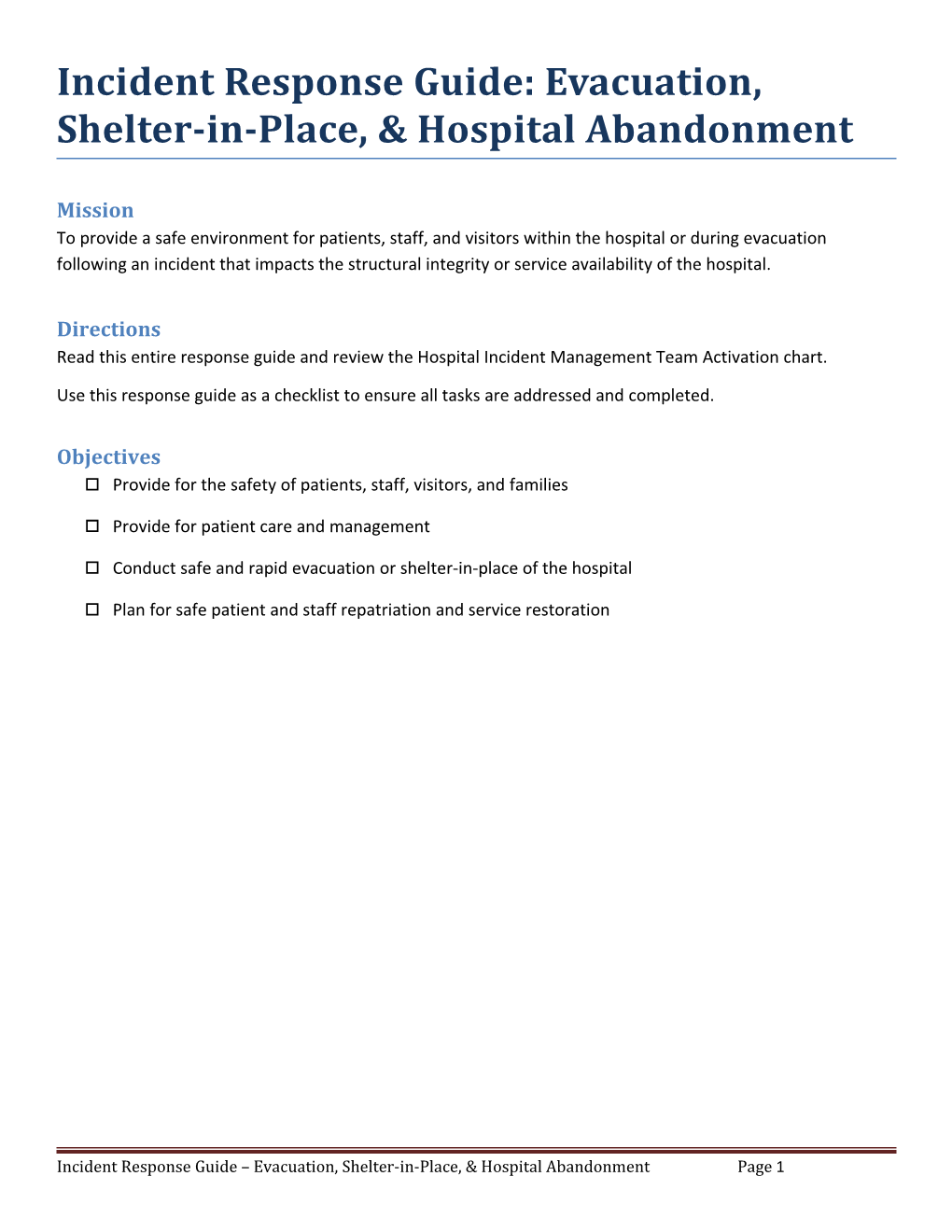 Evacuation, Shelter-In-Place, and Hospital Abandonment IRG