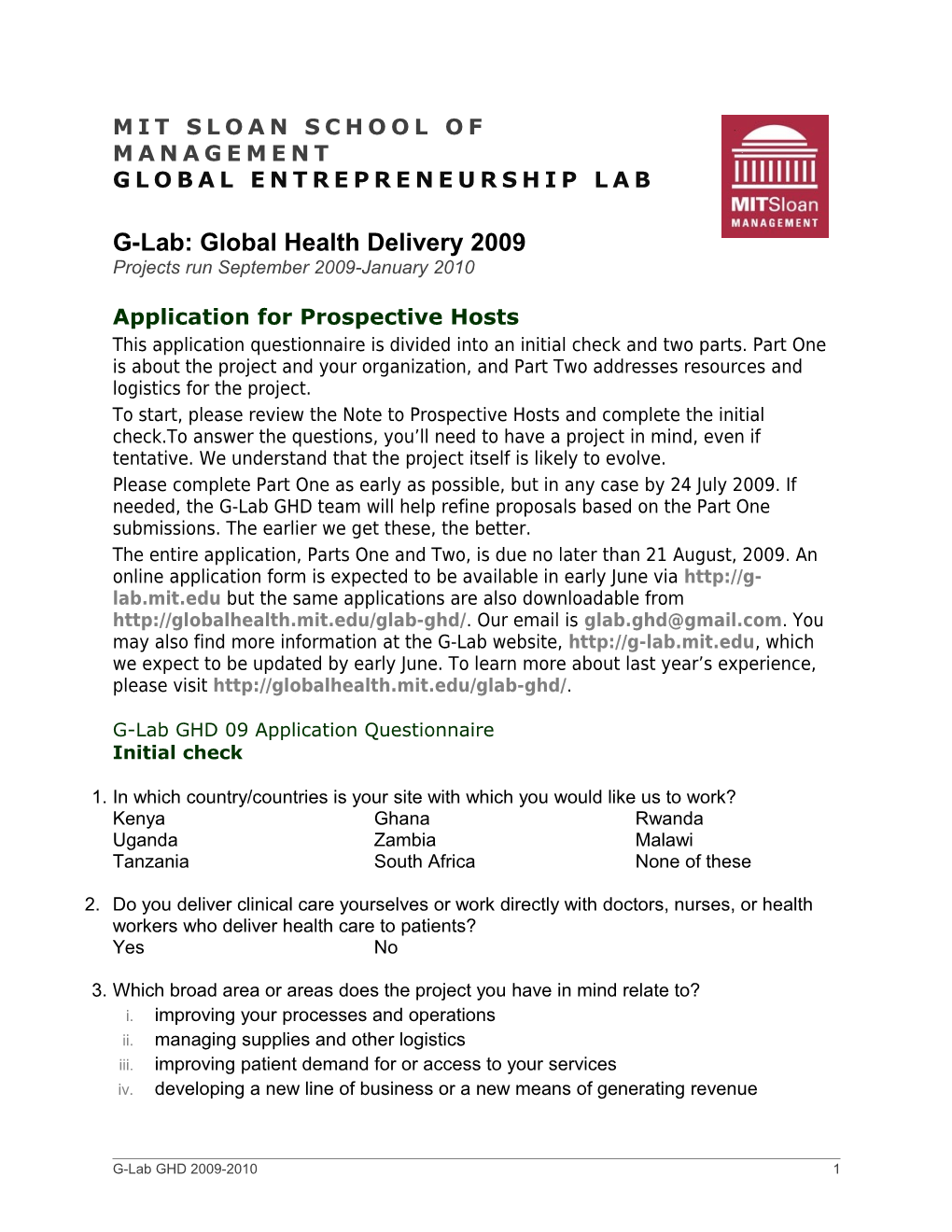 Questionnaire for Prospective MIT Global E-Lab Companies