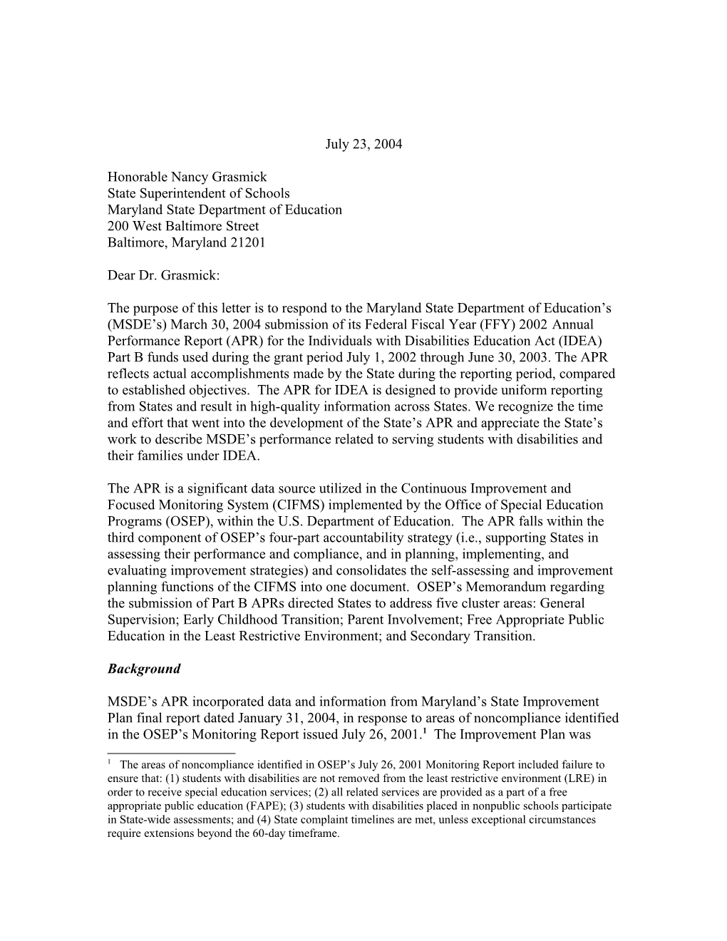 Maryland Part B APR Letter, 2002-2003 (MS Word)