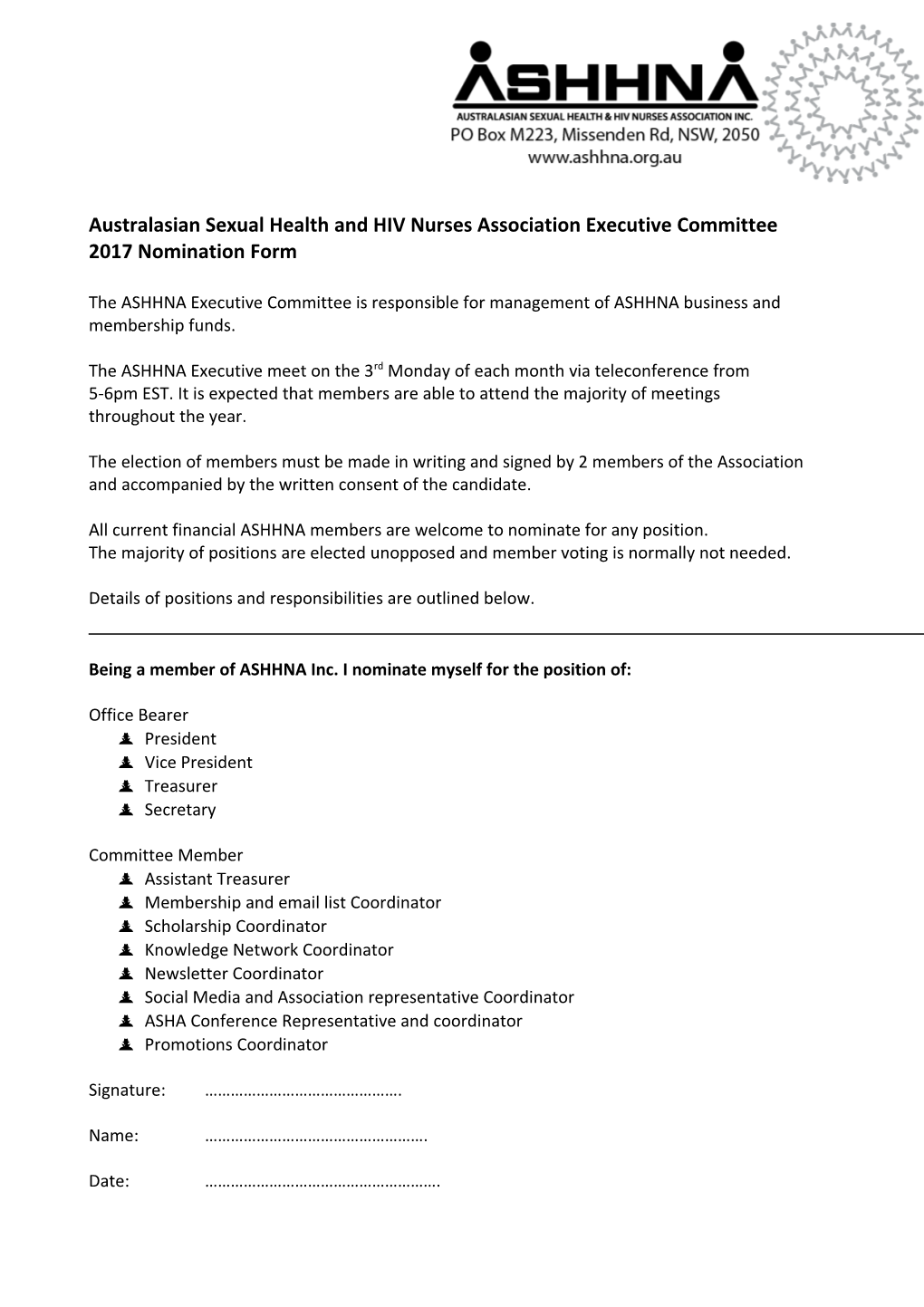 Australasian Sexual Health and HIV Nurses Association Executive Committee