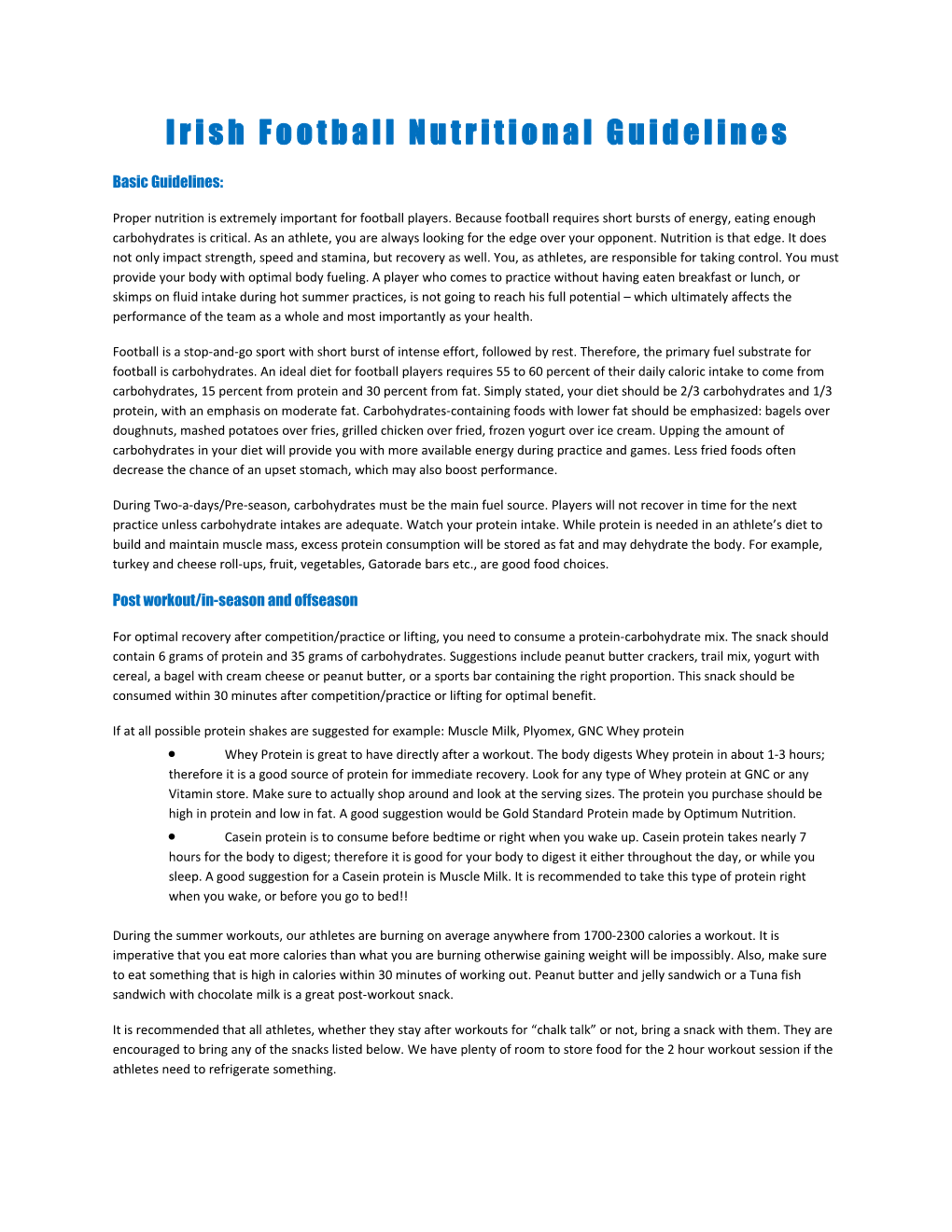 Irish Football Nutritional Guidelines