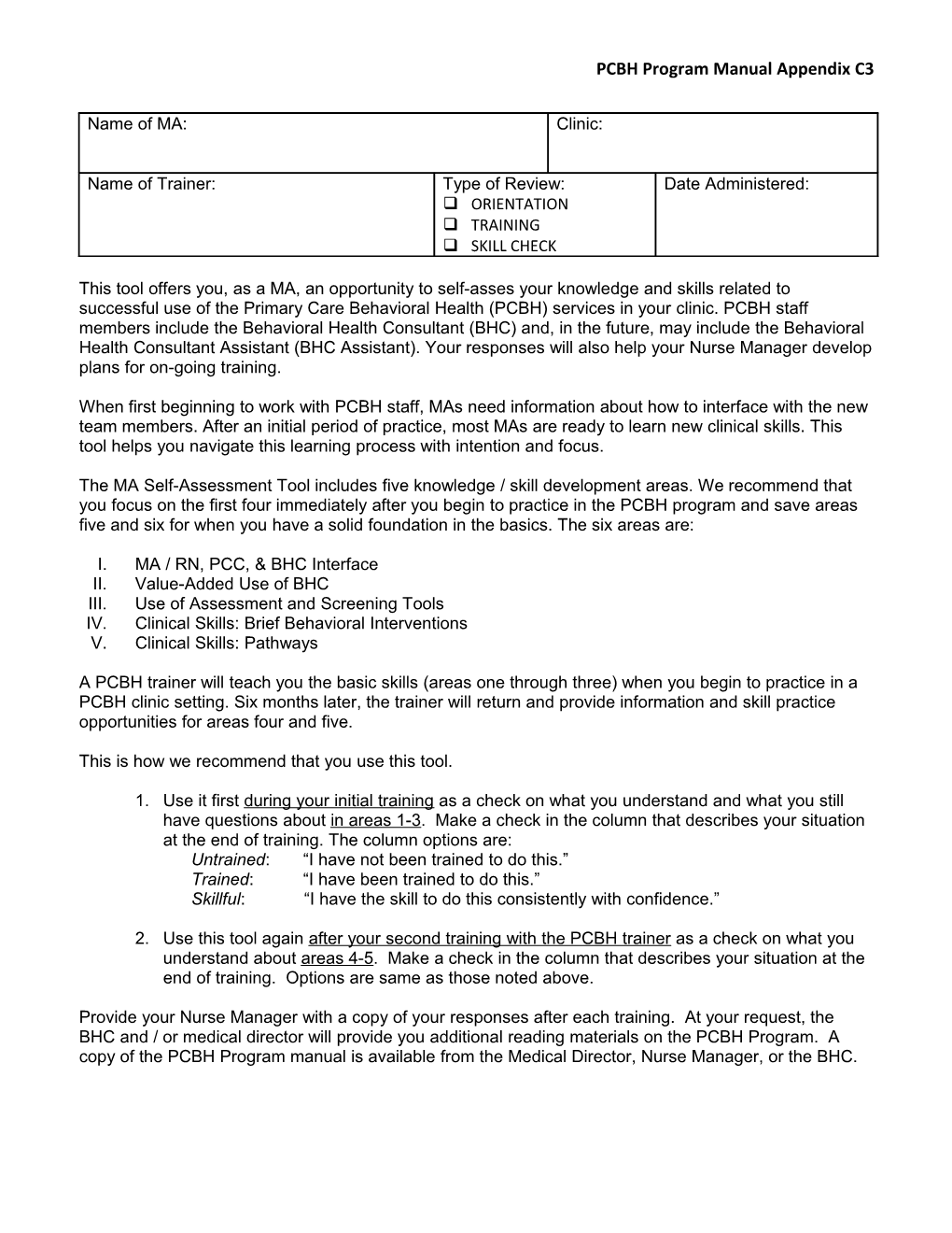 PCBH Medical Assistant (MA)Self-Assessment Tool