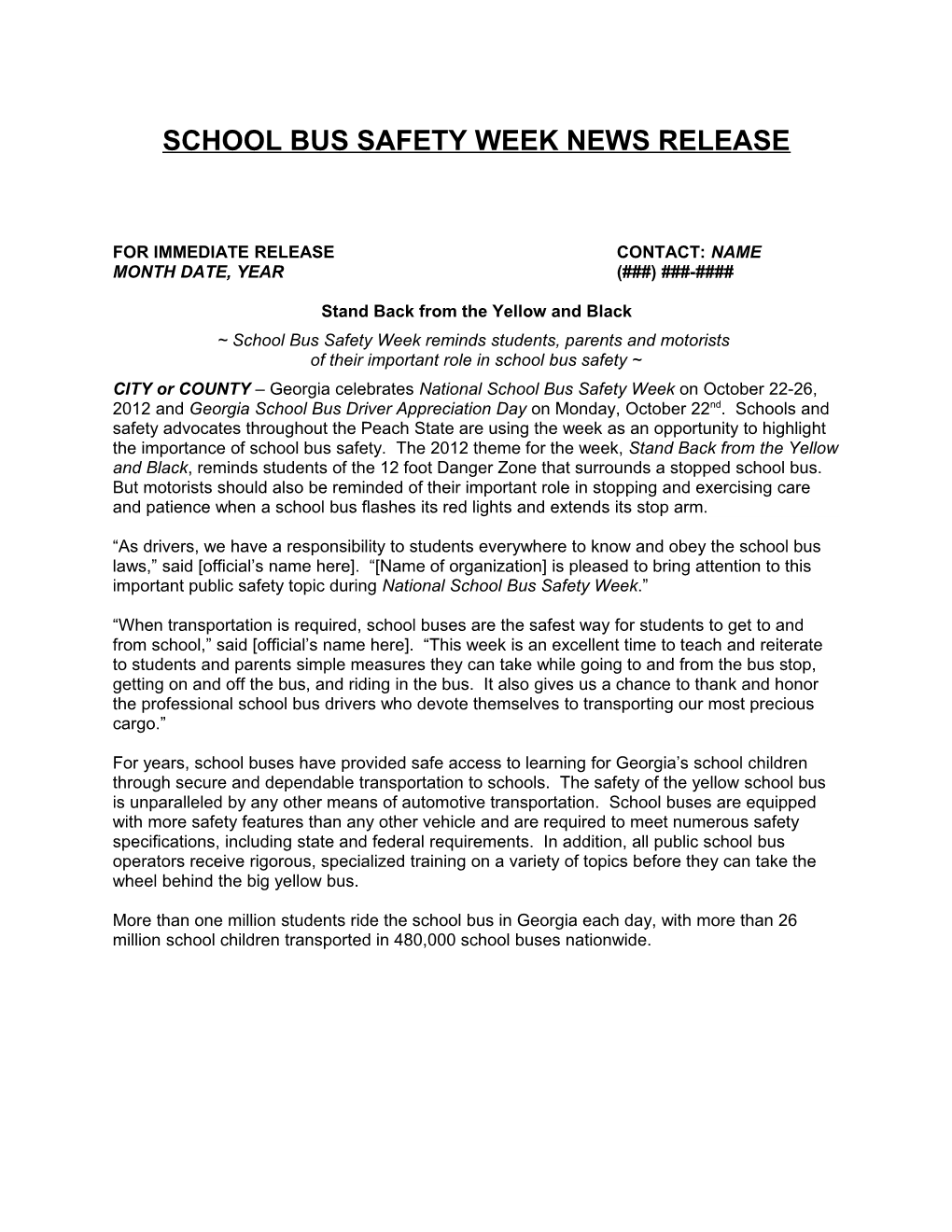 School Bus Safety Week News Release