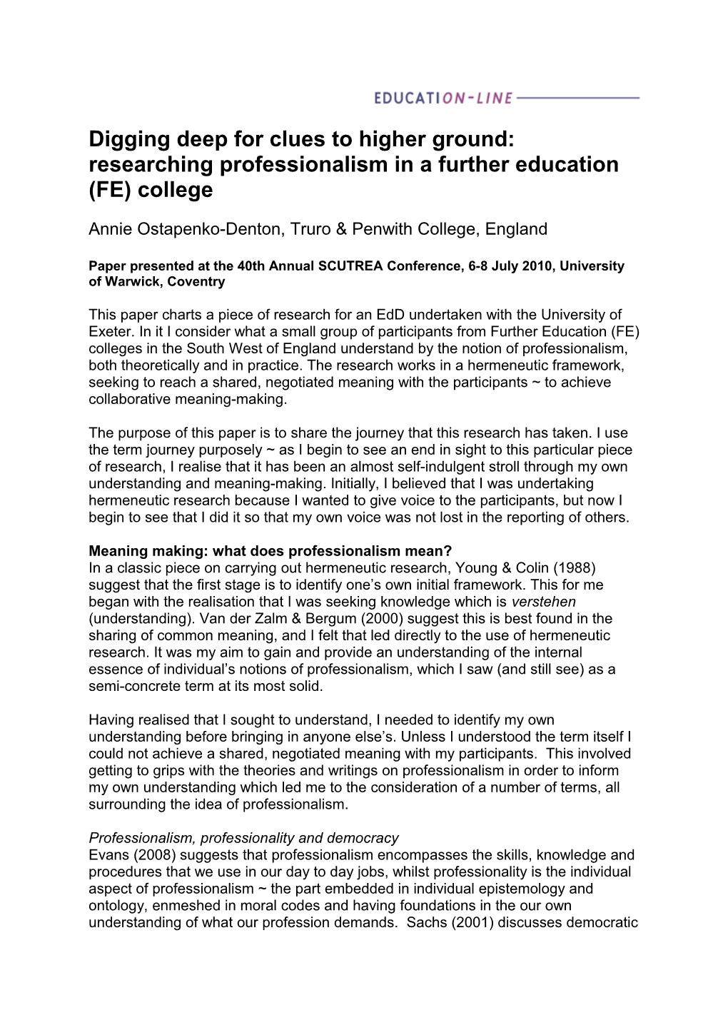 Digging Deep for Clues to Higher Ground: Researching Professionalism in a Further Education