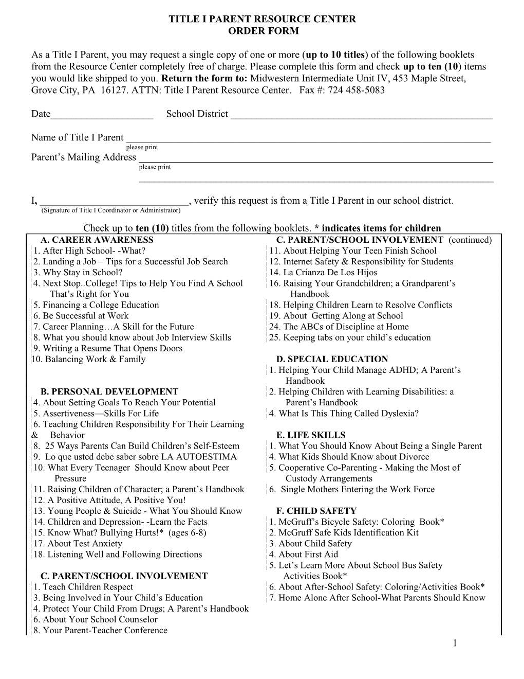 Title I Parent Resource Center Order Form