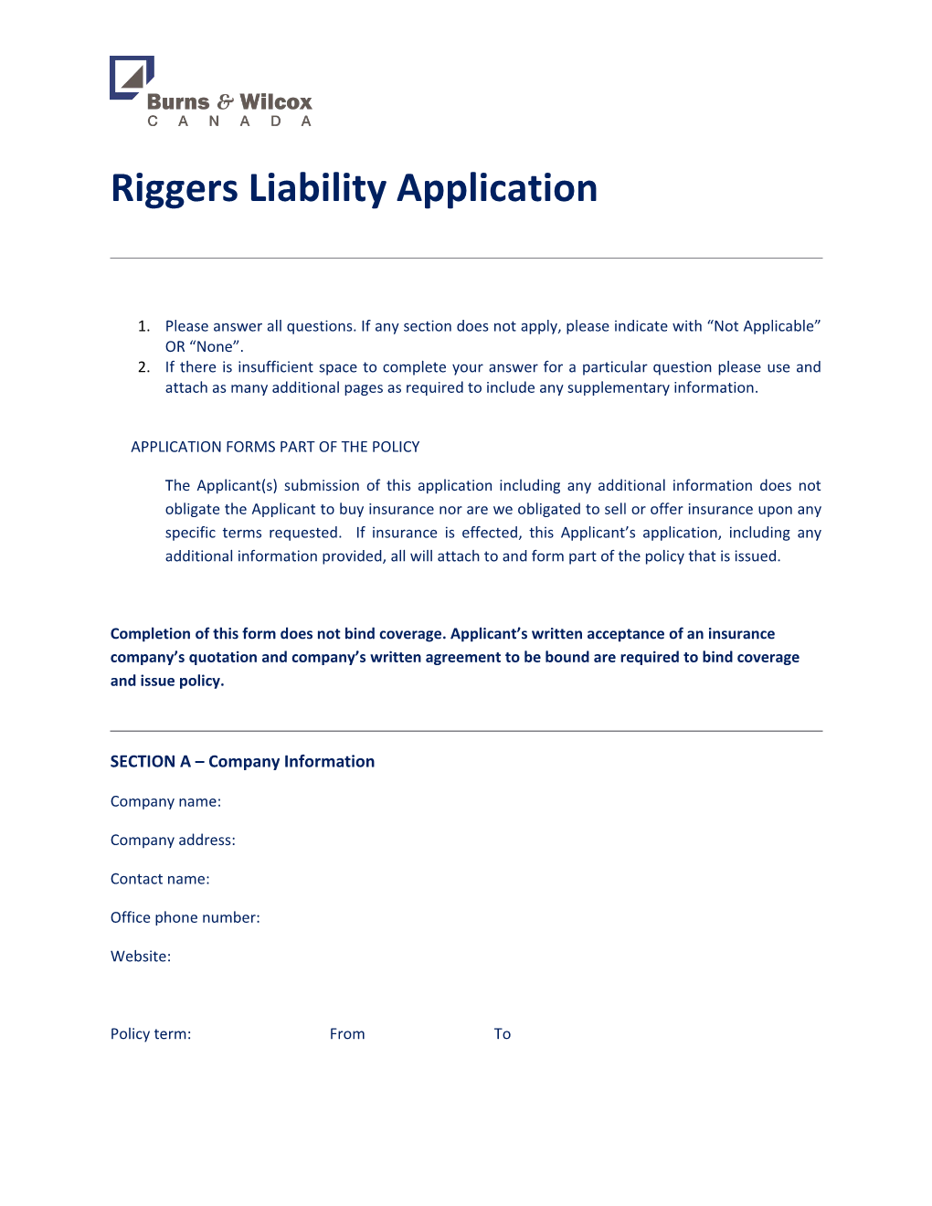 Riggers Liability Application