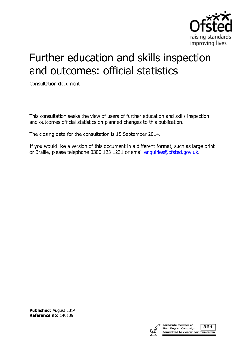 Further Education and Skills Inspection and Outcomes: Official Statistics