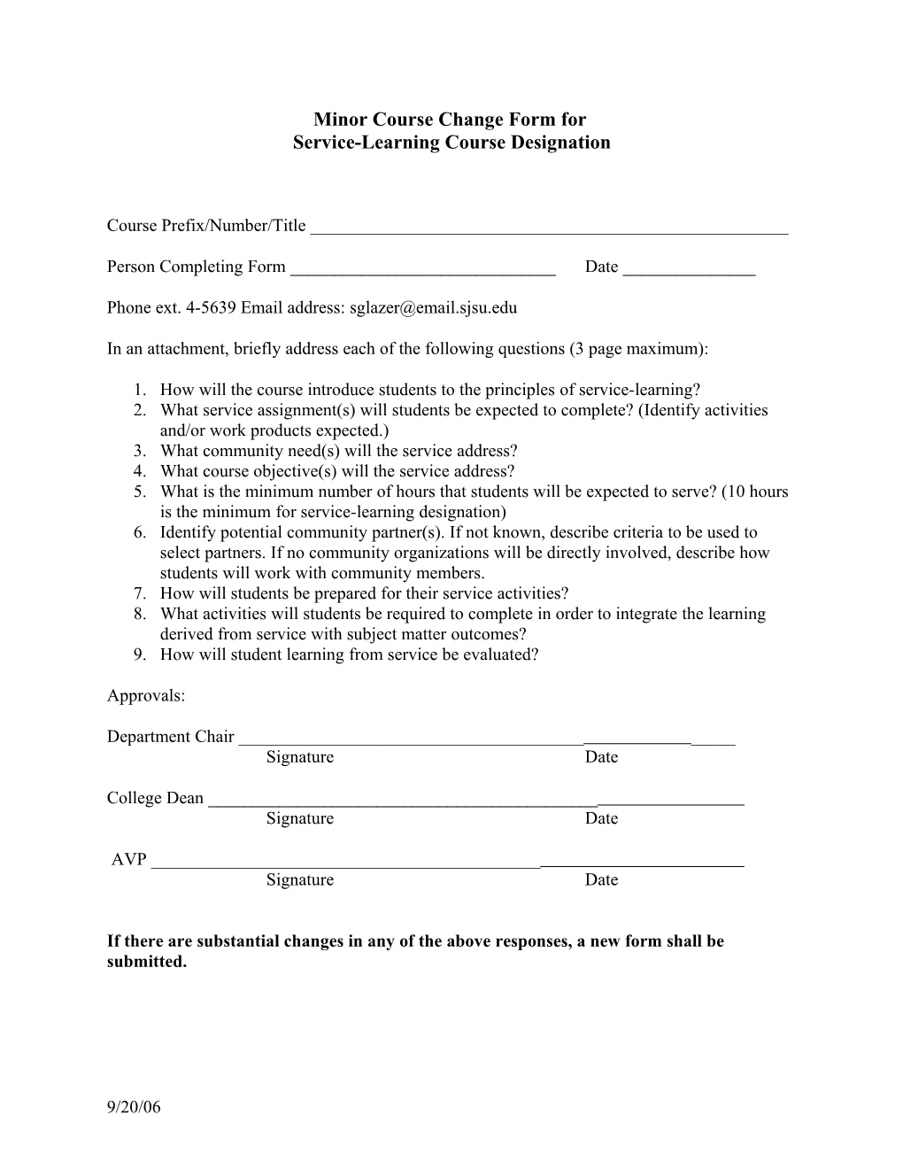 Minor Course Change Form For