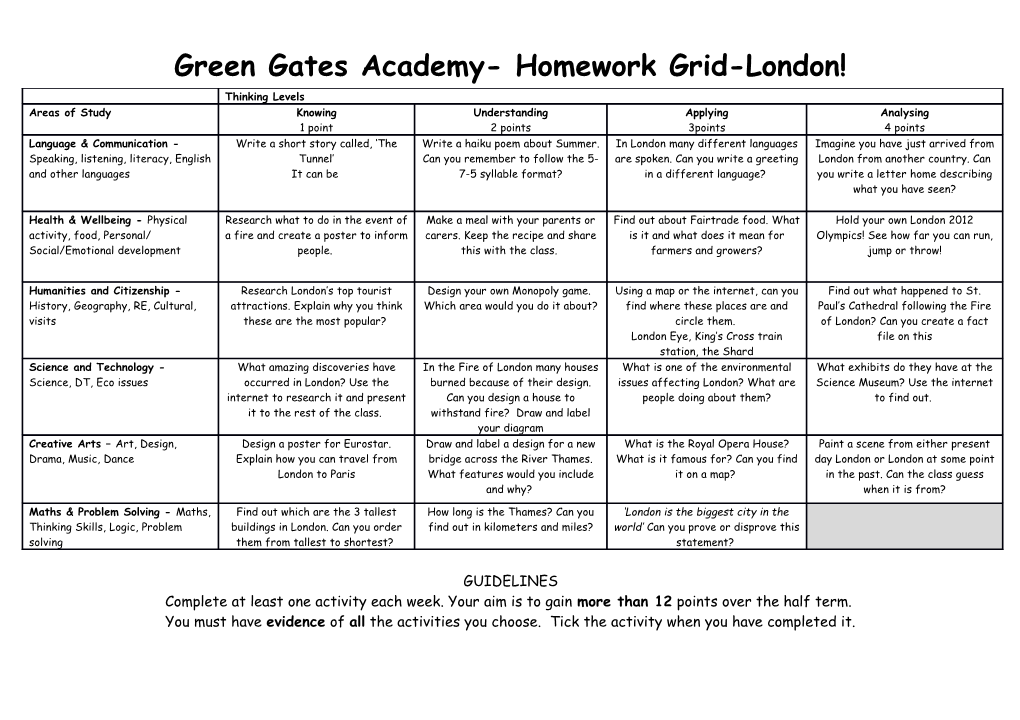 Green Gates Academy- Homework Grid-London!