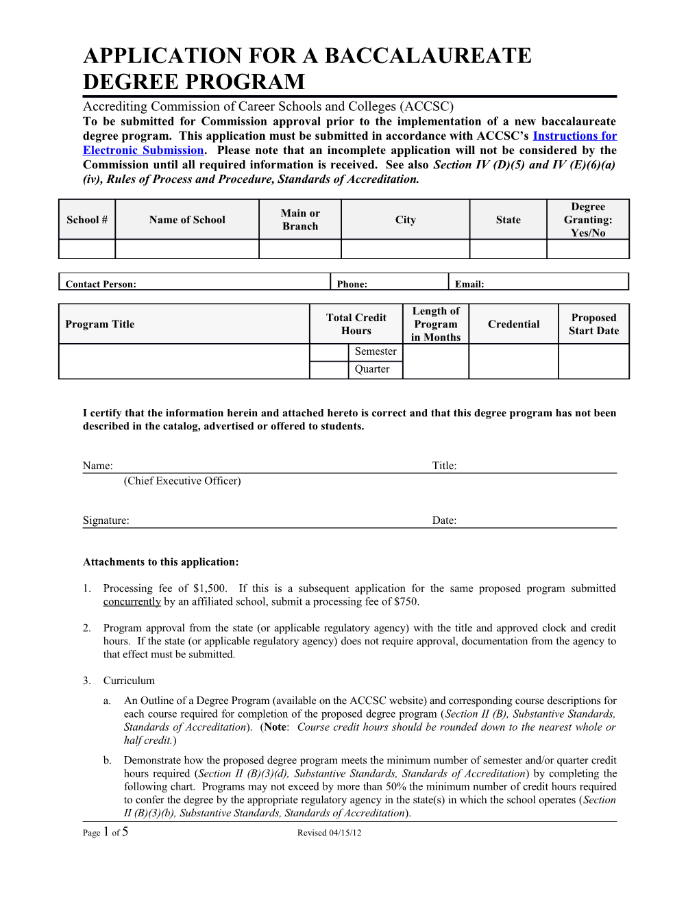 Application for a Baccalaureate Degree Program