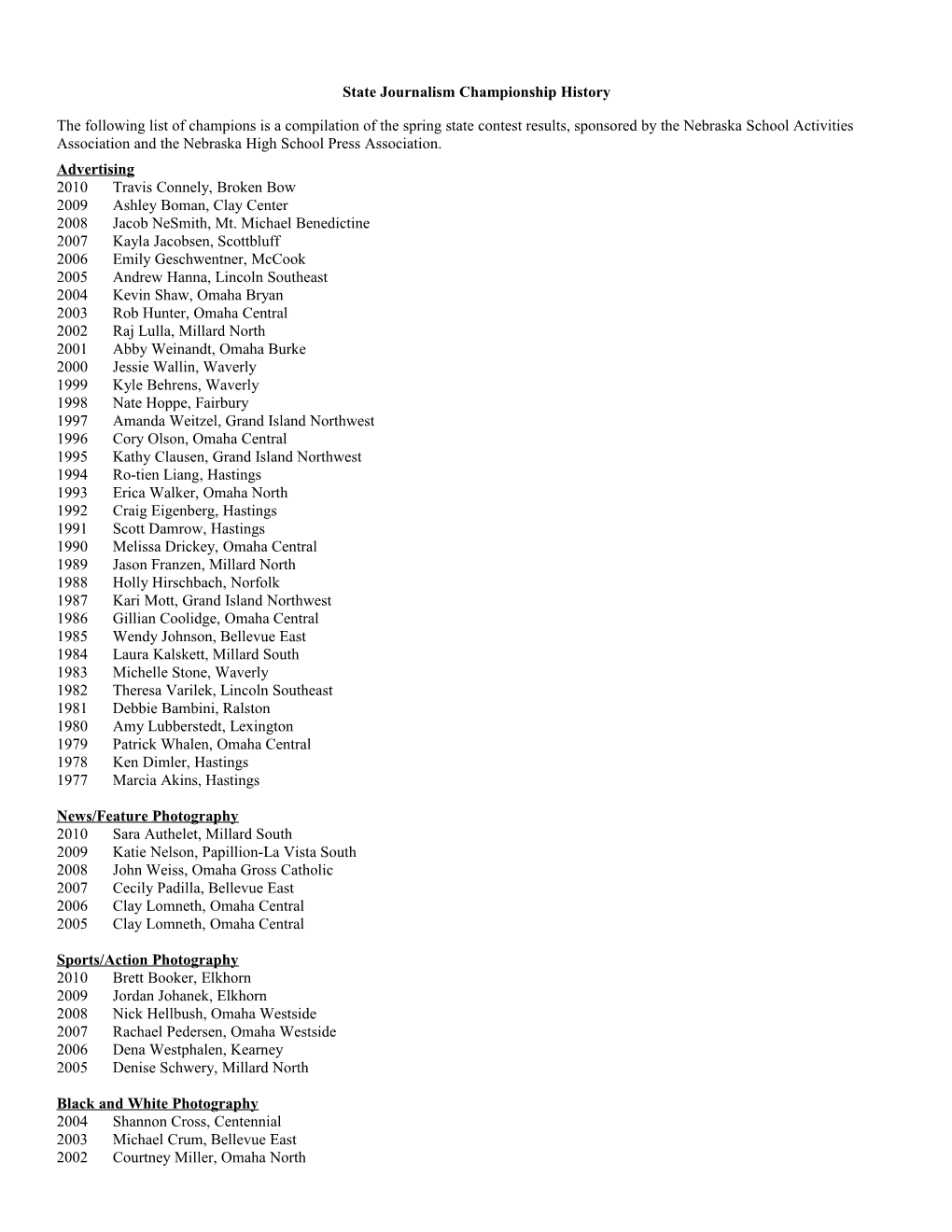 Top 12 Finishers from 2001 Journalism Preliminary Judging