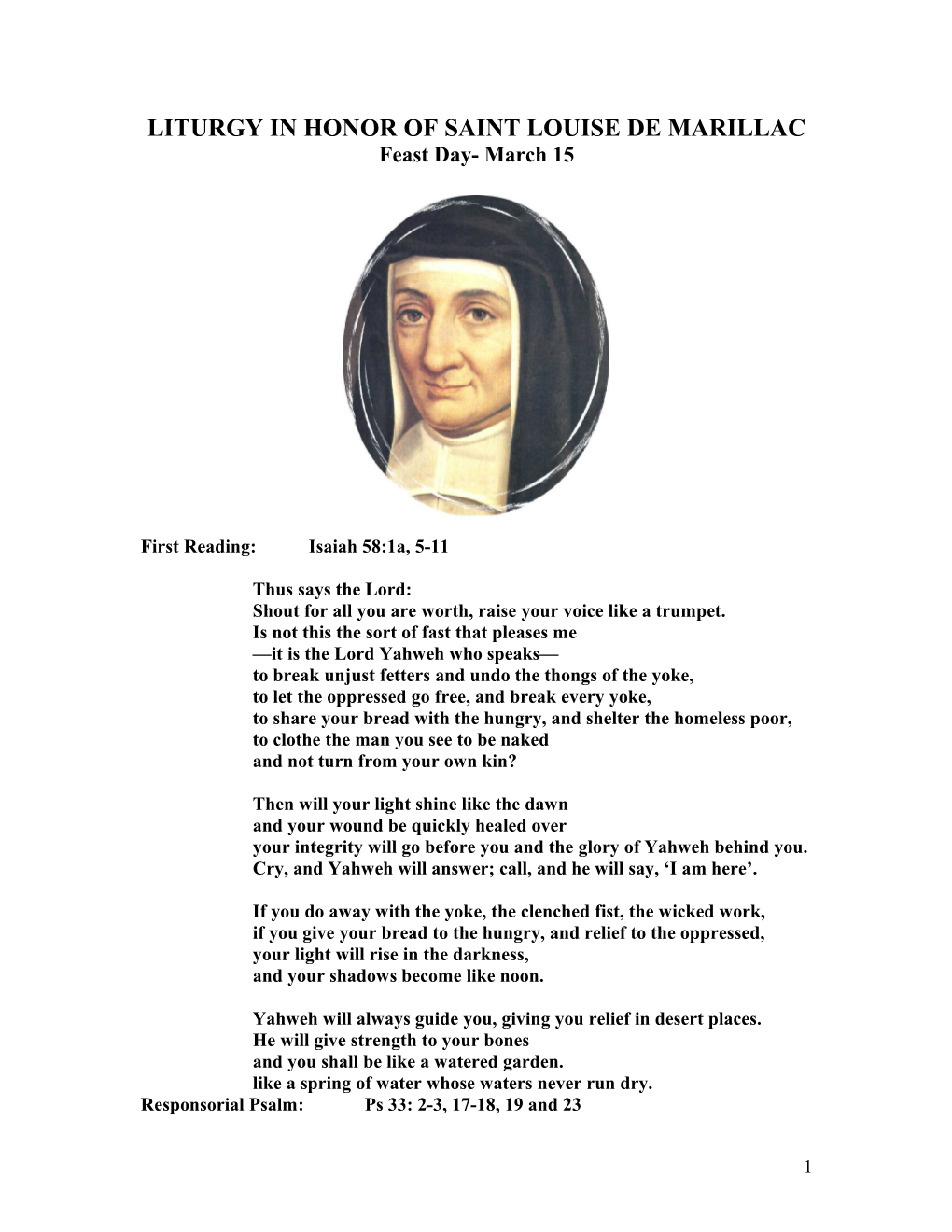 Liturgy in Honor of Saint Louise De Marillac