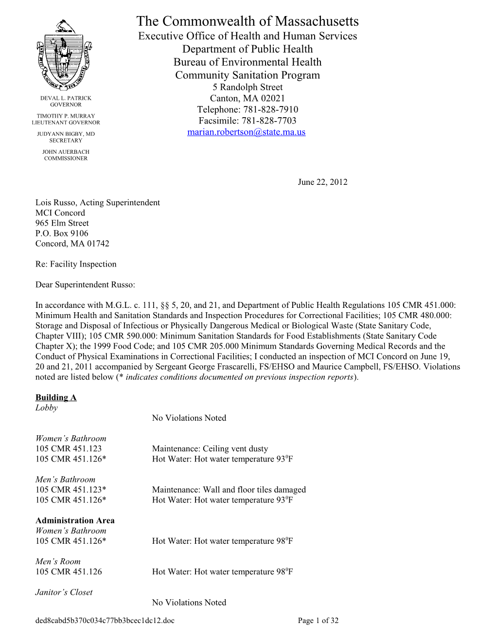 MCI Concord Facility Inspection Report - 06-22-2012