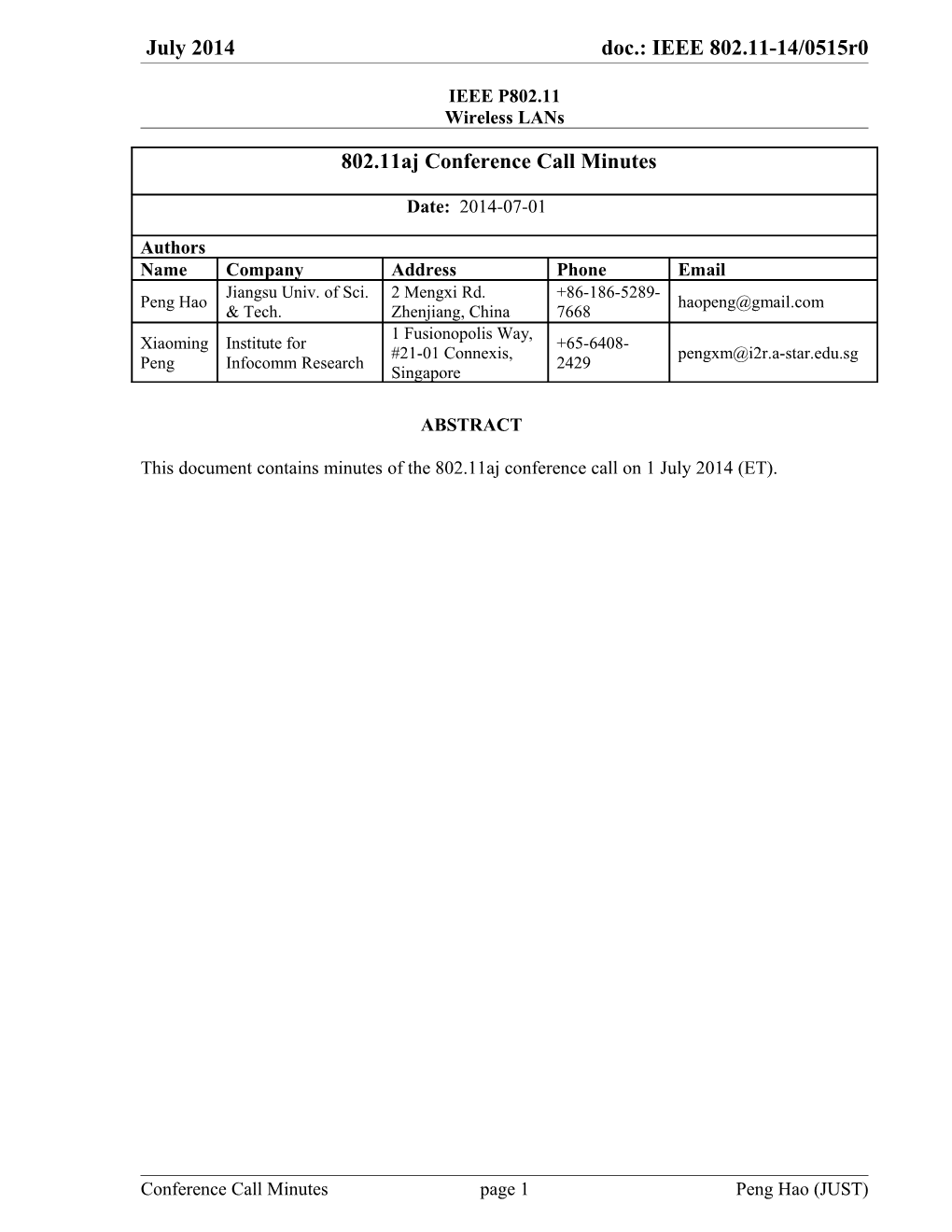 This Document Contains Minutes of the 802.11Aj Conference Call on 1July 2014 (ET)