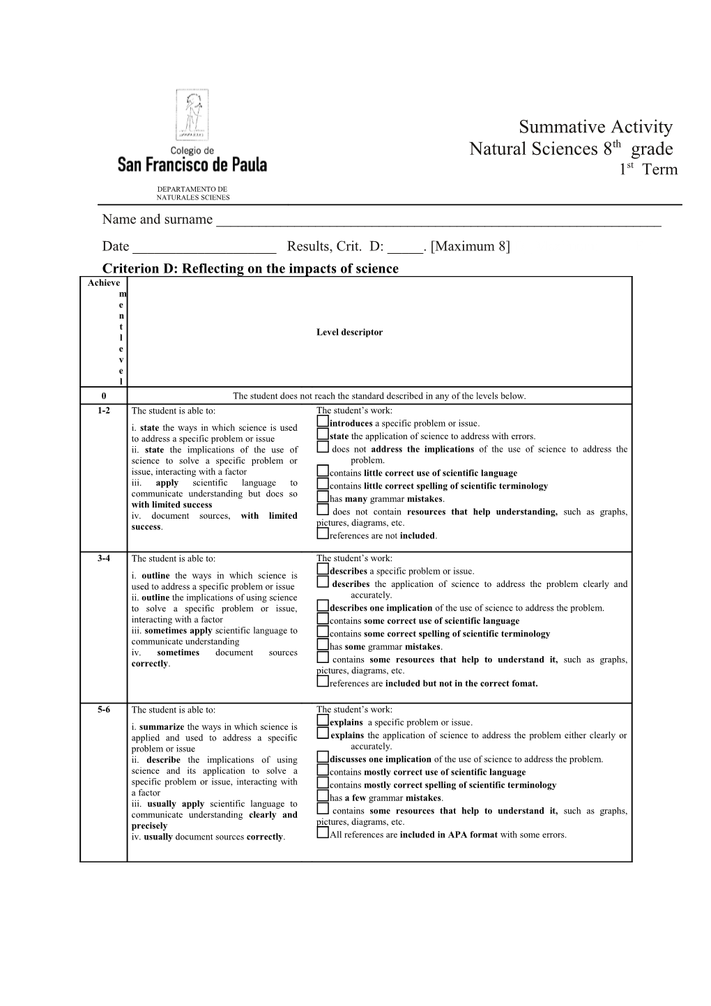 Criterion D: Reflecting on the Impacts of Science